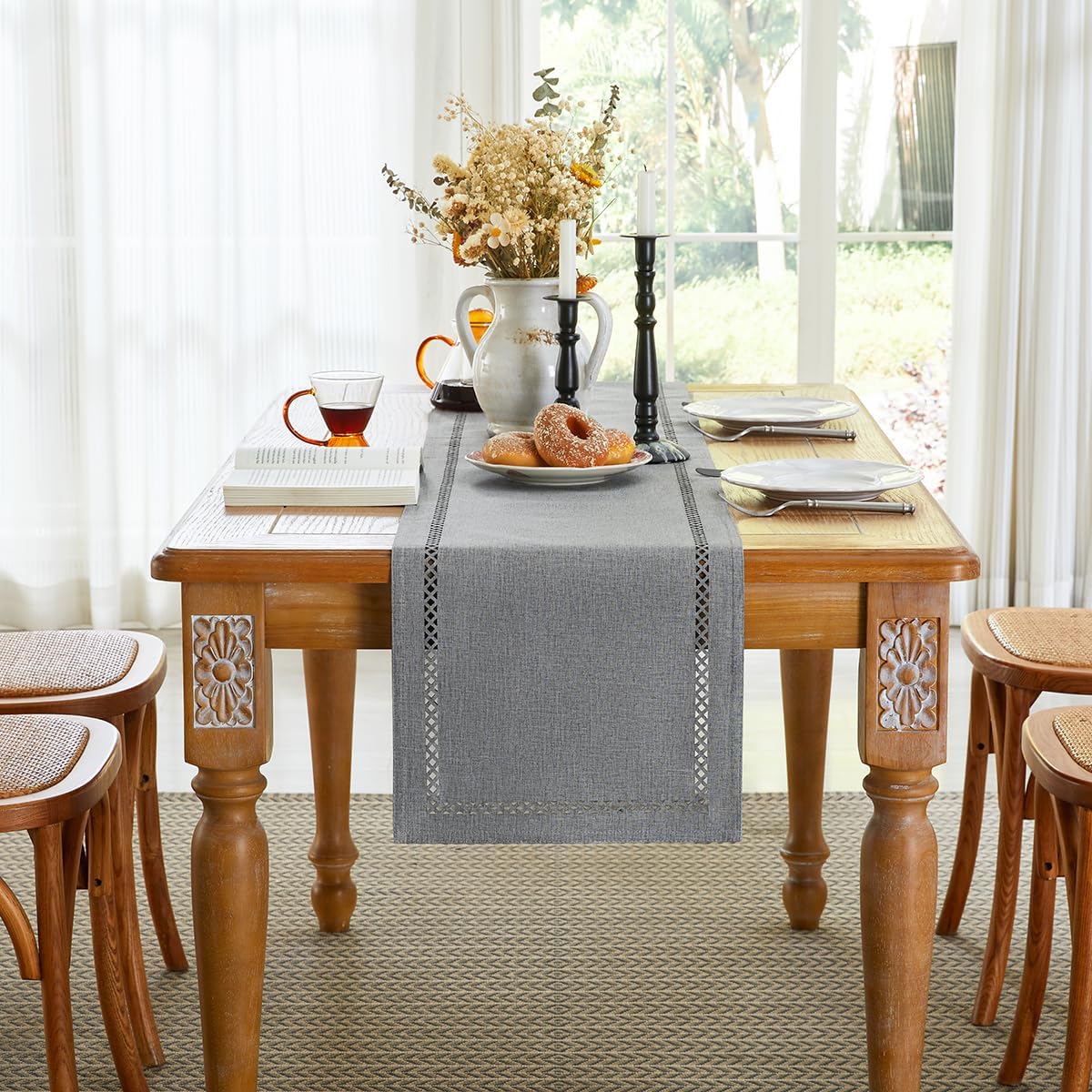 Burlap Style Farmhouse Table Runner, 13 x 48 Inch Grey, Rustic Geometric Hollow Table Runners 48 Inches Long for Dresser Table Everyday Use, 13x48 Inches, Grey