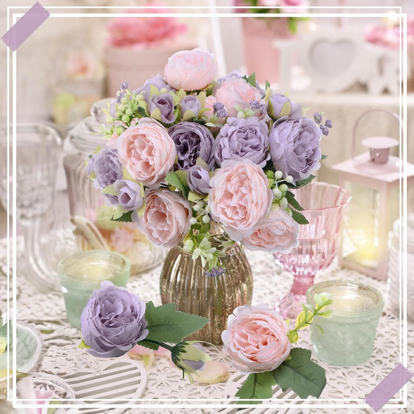 8 Bundles Artificial Peonies Flowers Boho Faux Flowers Arrangements Artificial Centerpiece Spring Bouquet Floral Wedding Decoration for Vase(Pink, Purple)