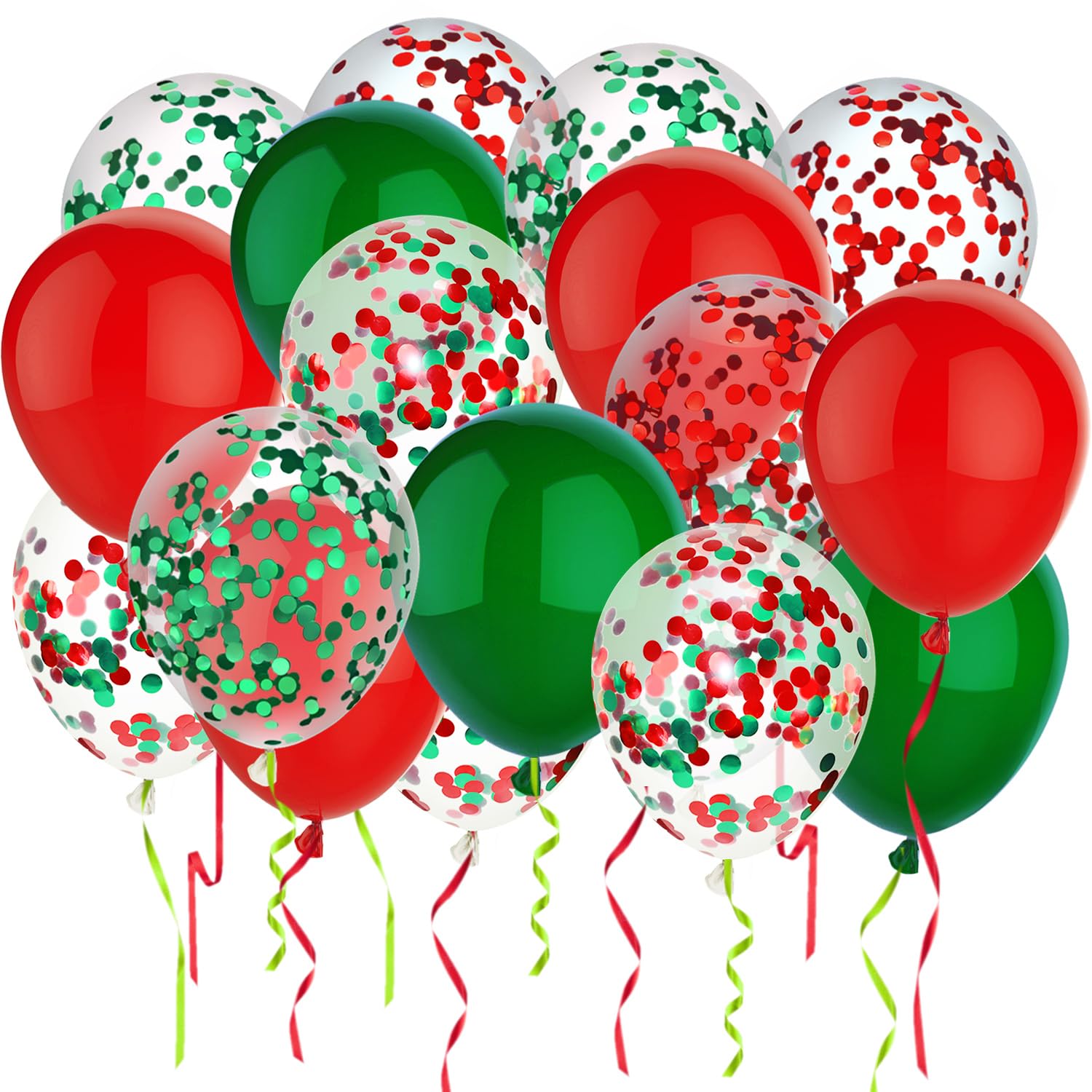 PheiLa 50 Pcs 12 Inch Red and Green Confetti Balloons Christmas Balloons with Ribbons Christmas