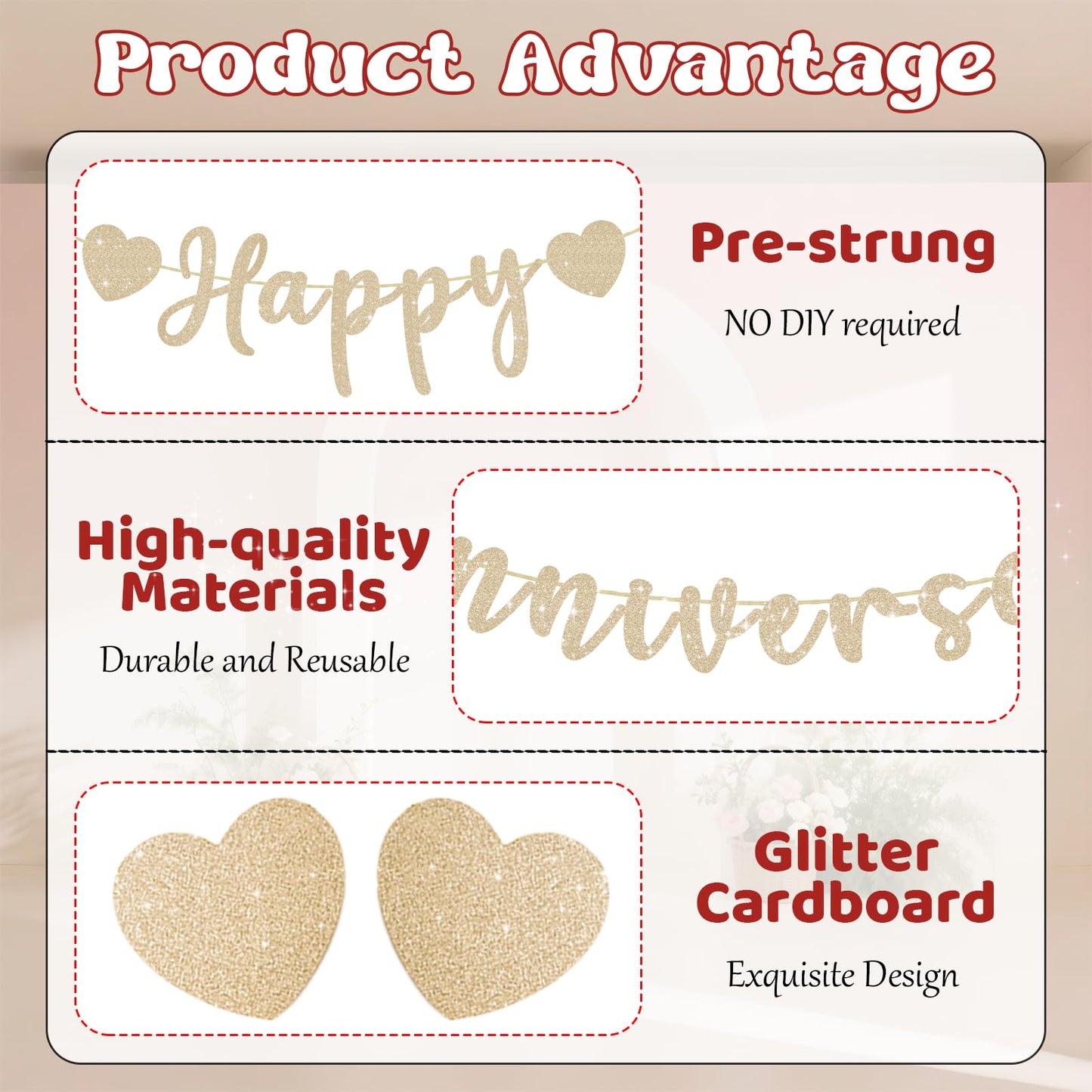 SerpizePaty Happy Anniversary Banner, Pre-Strung Gold Glitter Wedding Anniversary Decorations