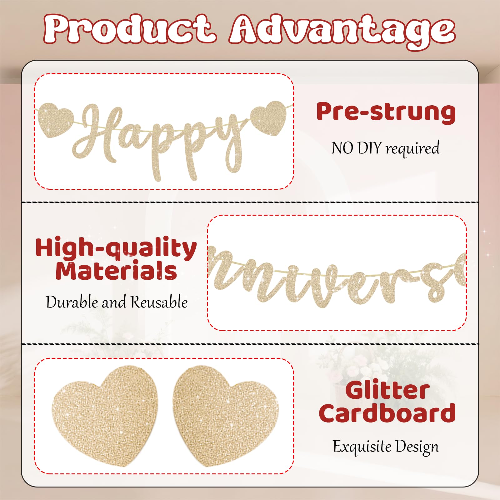SerpizePaty Happy Anniversary Banner, Pre-Strung Gold Glitter Wedding Anniversary Decorations