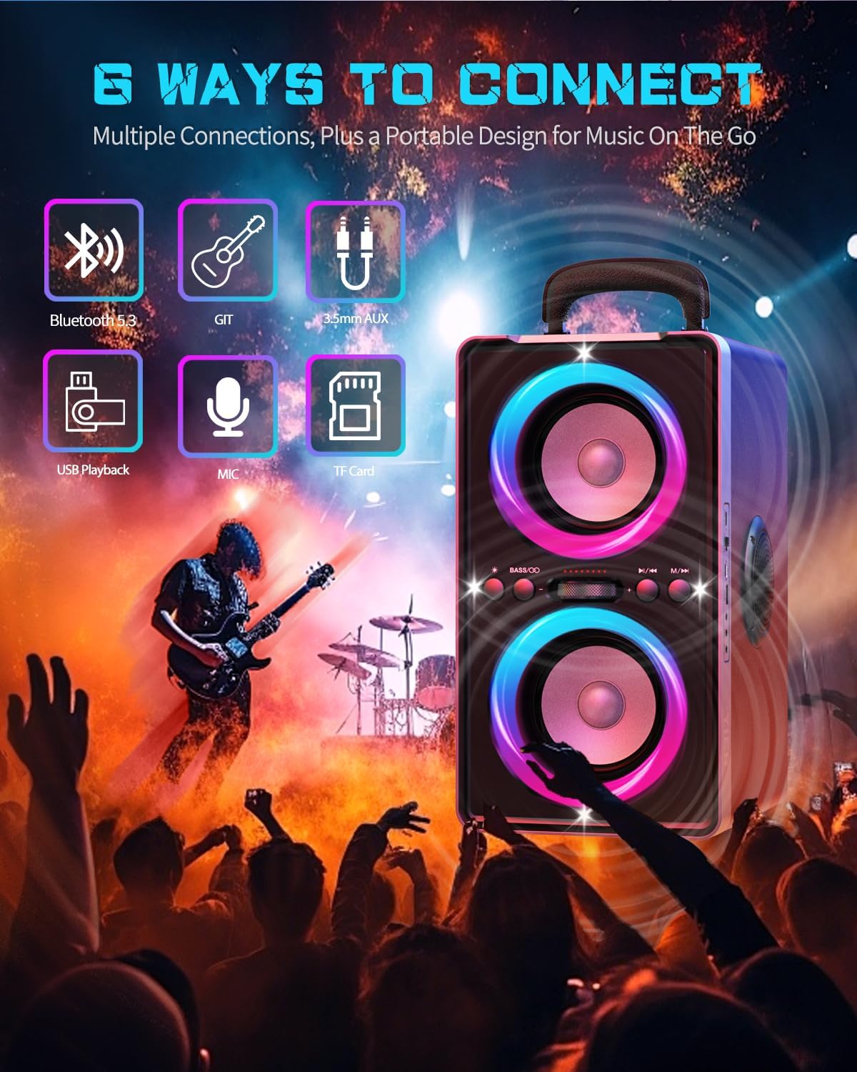 Bluetooth Speaker, 200W(Peak) Loud Stereo with Deep Bass, 20H Playtime, TWS, 30W Fast Charging, Portable Handle, Wireless Large Boombox with LED Light for Party Outdoor Backyard Beach