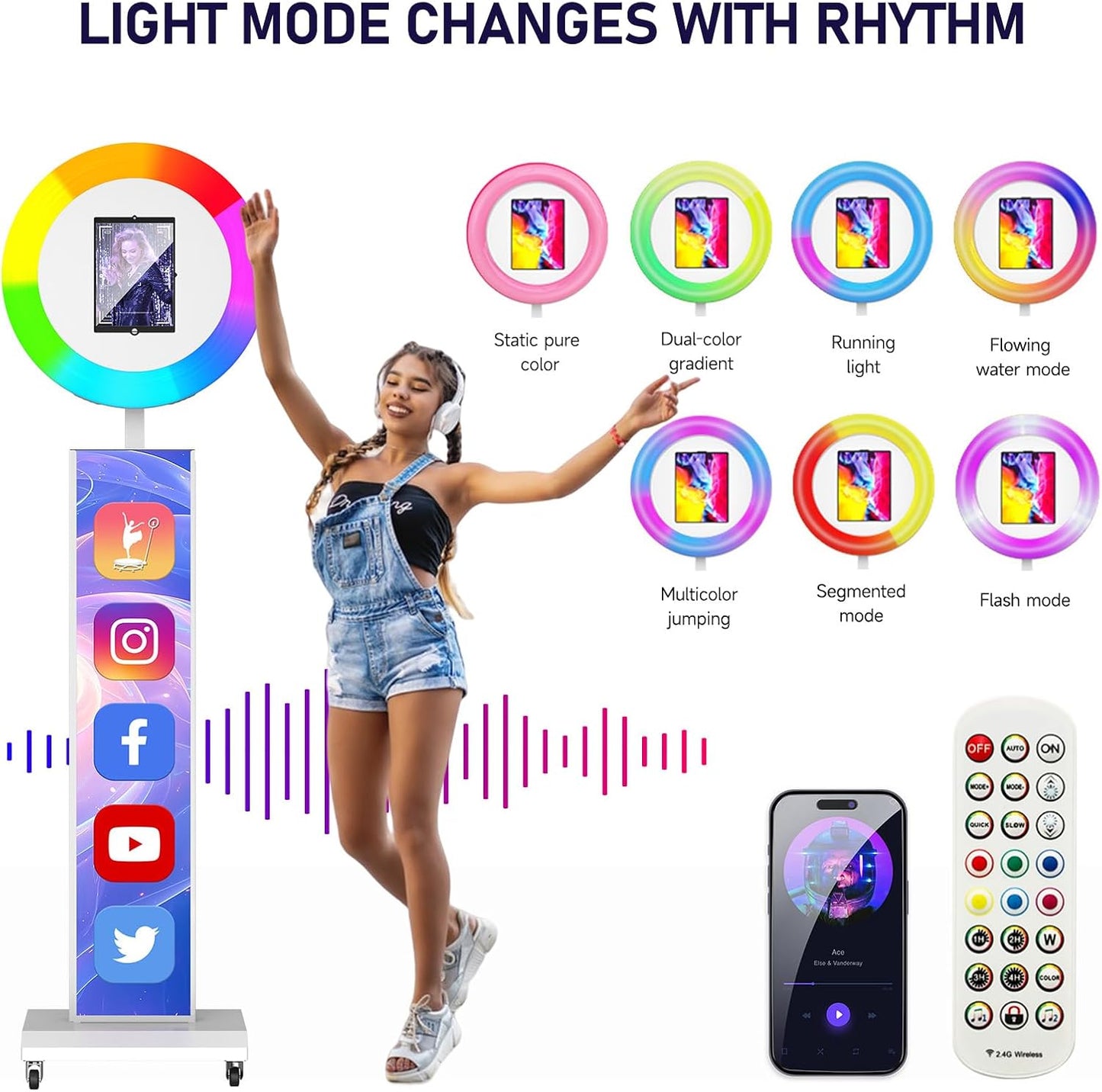 MWE Portable Photo Booth Machine Stand Compatible with Any Ipad with Software APP and Remote Control, RGB Ring Lights Music Sync, Free Custom Logo,Flight Case with Wheels (White, Light Box)