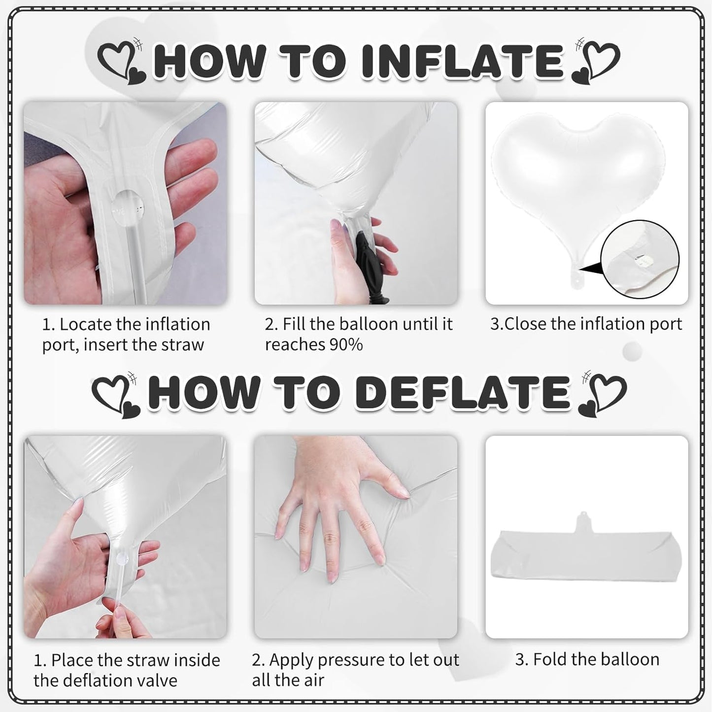 24 Inch Black White Heart Balloons, White Heart Foil Balloons, Black Balloon for Valentines Day Bridal Shower Anniversary Wedding Birthday Party Decorations