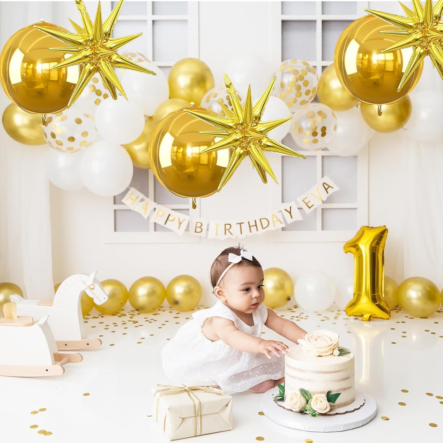 6Pcs Gold Foil Balloons,22Inch Gold 4D Round Ball Balloon and Explosion Star Balloon for Birthday Wedding Baby Shower Anniversary Graduation Decorations