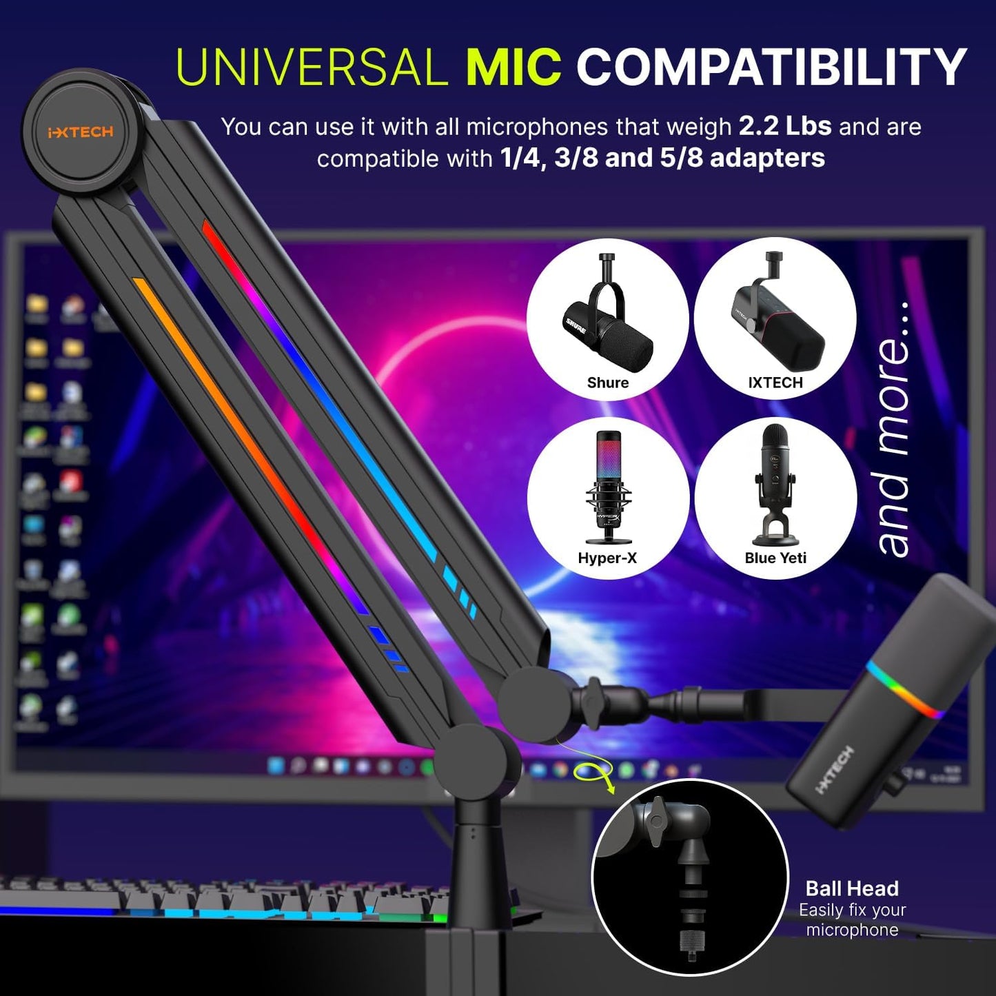 IXTECH RGB Mic Boom Arm High Profile, Overhead Boom Arm Microphone Stand Desk Mount, Adjustable Microphone Stand with Desk Mount, Mic Arm for Live Streaming Gaming Podcasting Recording.