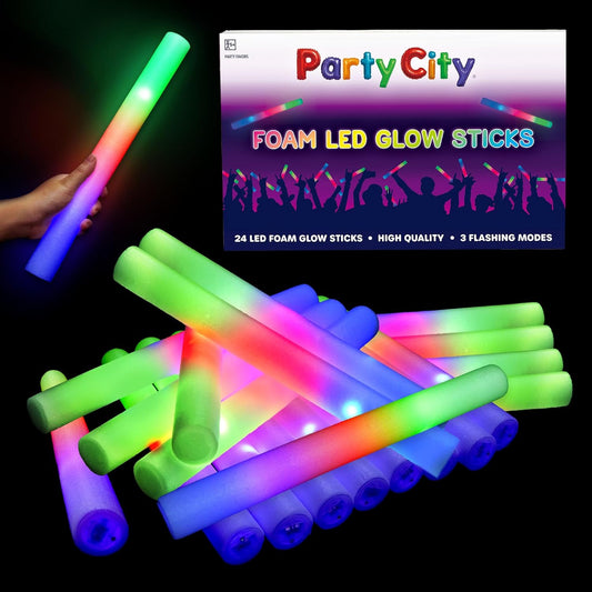 Party City 24pk LED Foam Glow Sticks 14”- Glow in the Dark Party Supplies Favors, Colorful Flashing Wand with 3 Modes, Foam Light Up Sticks Bulk Party Pack for Wedding, Birthday, Concert, Halloween
