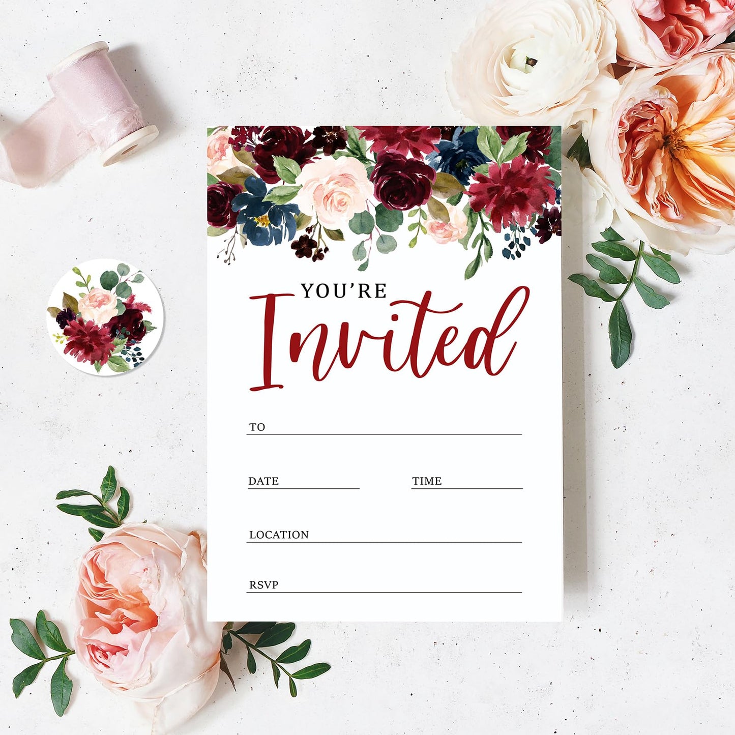 Whaline 25 Sets Flower Invitations with Envelopes Stickers Watercolor Floral Leaves Invitation