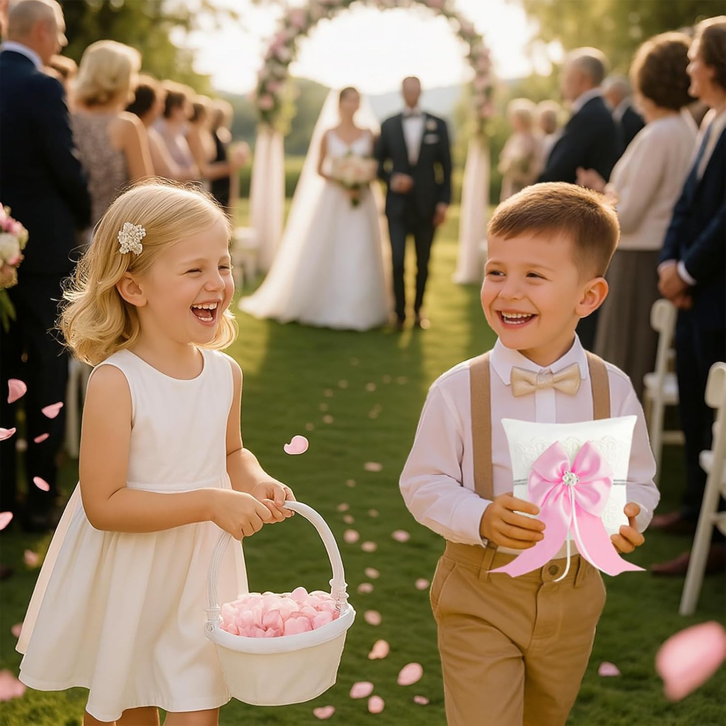 Wedding Ring Bearer Pillow: 8.2 x 8.2 Inch Satin Lace Cushion with Pink Pearl Bow for Ceremony Vows - Secure Ring Holder for Flower Boy or Girl