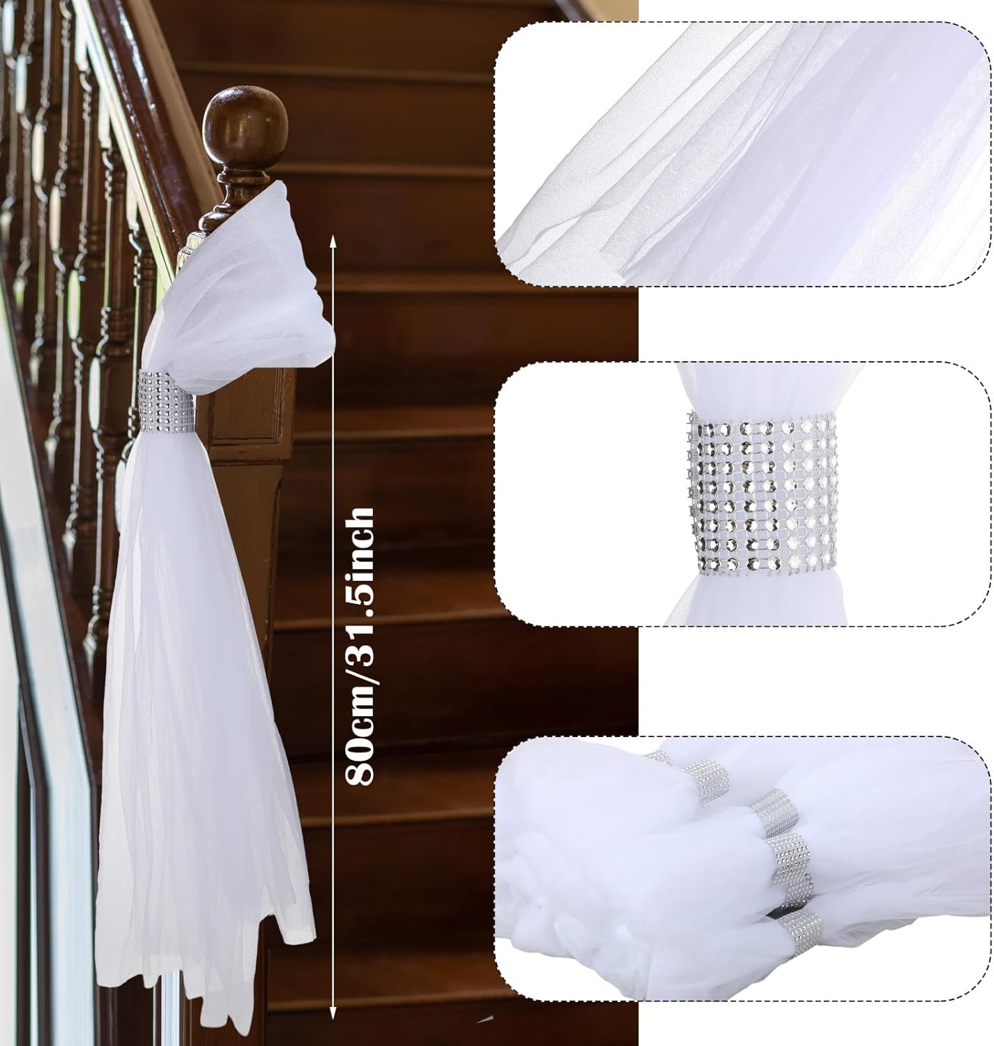 24 Set Wedding Aisle Chair Decorations 31.5 Inch Pew Bows with Long Tulle Tails and Rhinestone wrap for Wedding Ceremony Church Bridal Shower Banquet Decor (Silver)