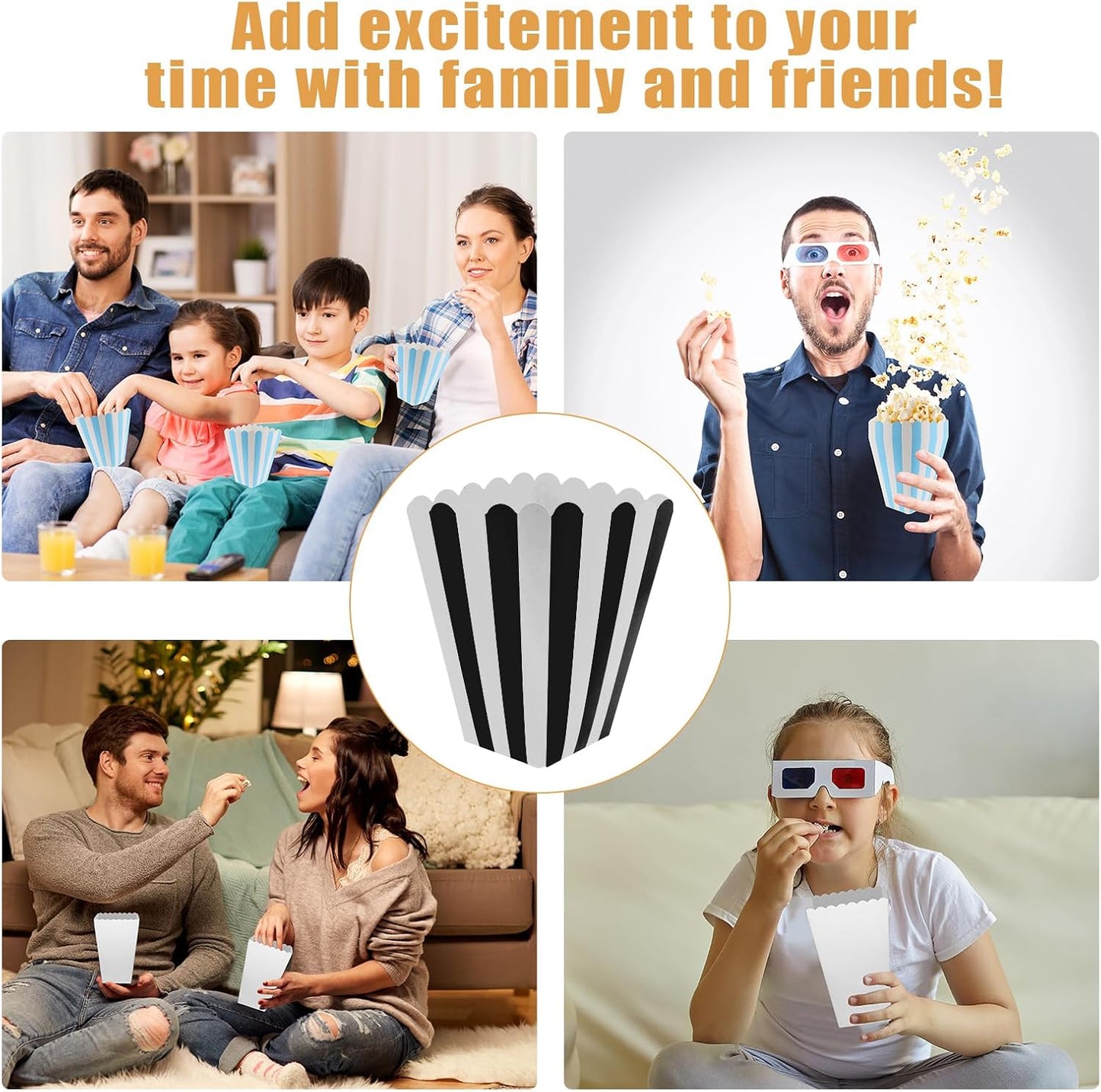 50 Pcs Popcorn Boxes Black and White Striped Cardboard Popcorn Container for Halloween Movie Nights Birthday Wedding(Black,White)