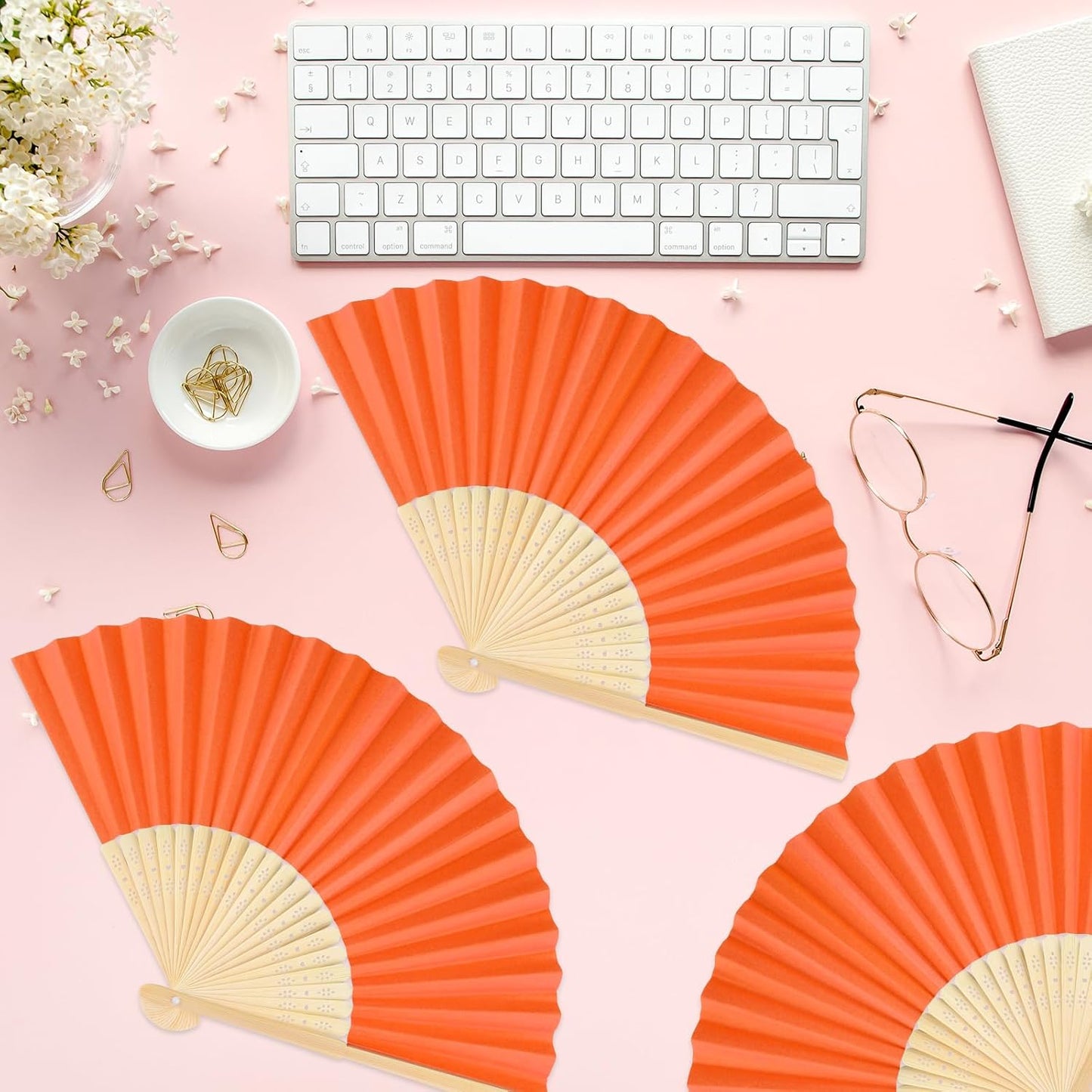 12 Pieces Orange Hand Held Bamboo Folding Fans Paper Fans Handheld for Women Foldable Girls Wedding DIY Decoration Church Home Party Favors Summer
