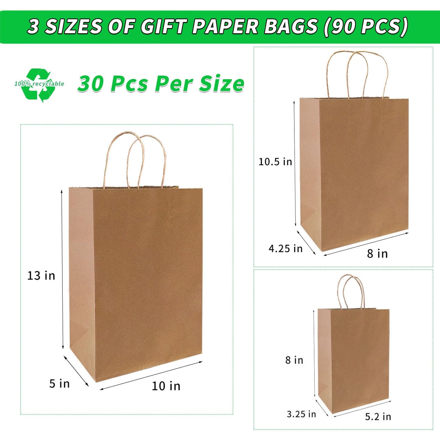 FACEBAG 90-Pack Brown Kraft Paper Bags with Handles Bulk, Assorted Sizes Gift