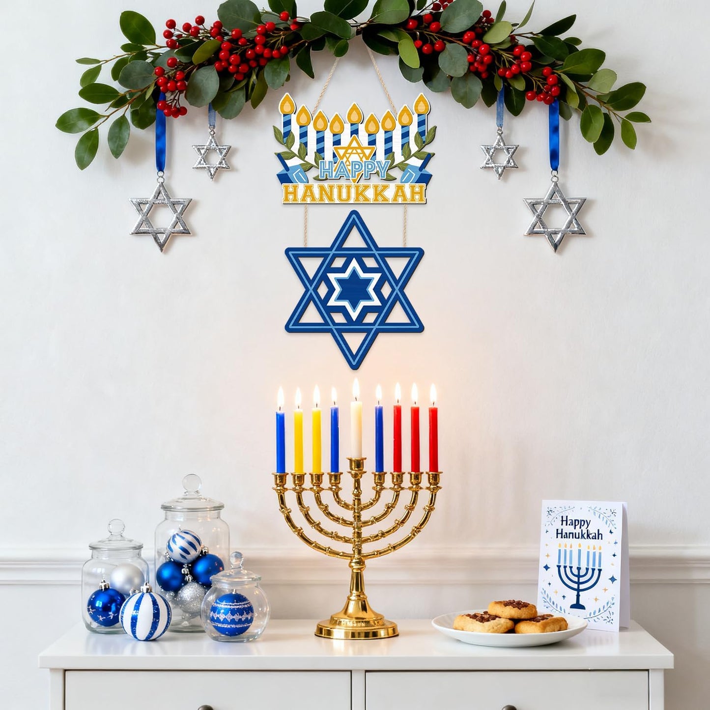 CHDITB Happy Hanukkah Shalom Front Door Sign(12"x20"), Wooden Jewish Festival of Light Blue Menorah Star of David Decoration Wall Hanging, Farmhouse Rustic Chanukah Judaism Christmas Winter Holiday Thanksgiving Gifts Decor for Home Party