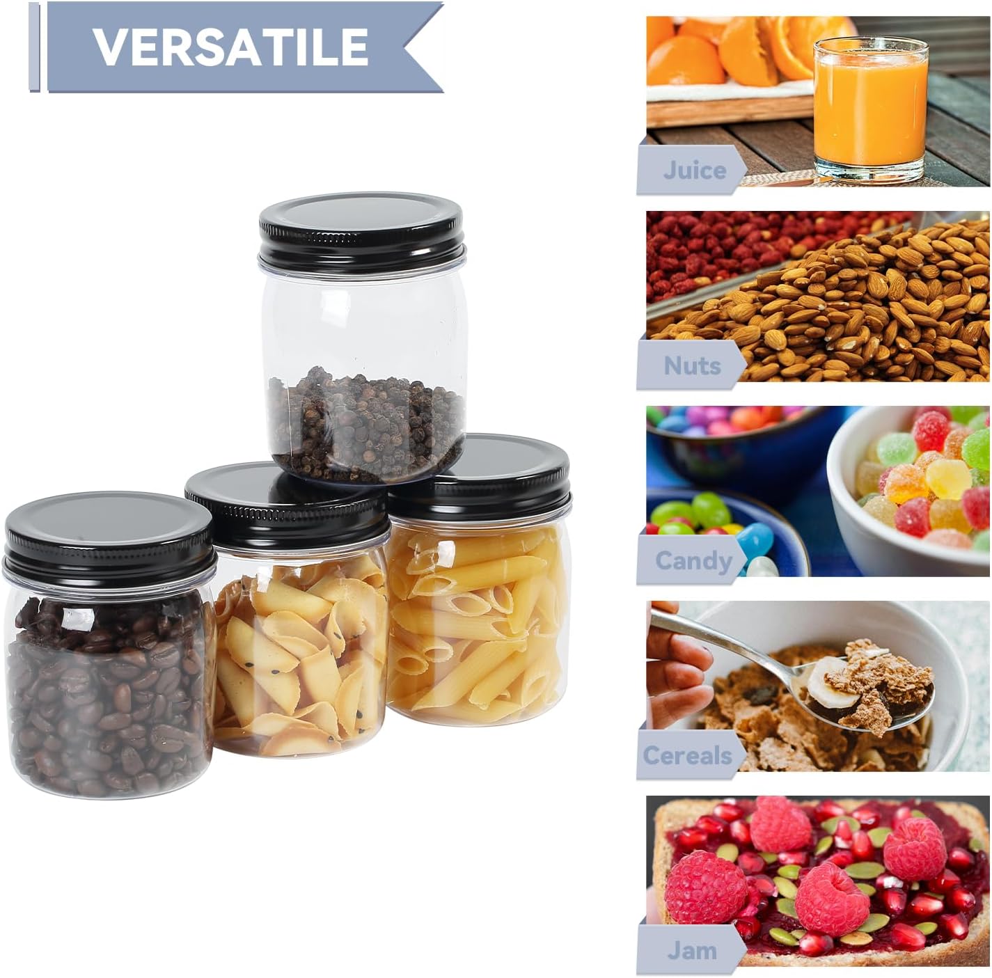 novelinks 8 oz Clear Plastic Jars with Screw-On Lids - BPA-Free Refillable Storage Containers for Slime, Spices, Crafts, Kitchen & Home Organization (24 Pack,Black)