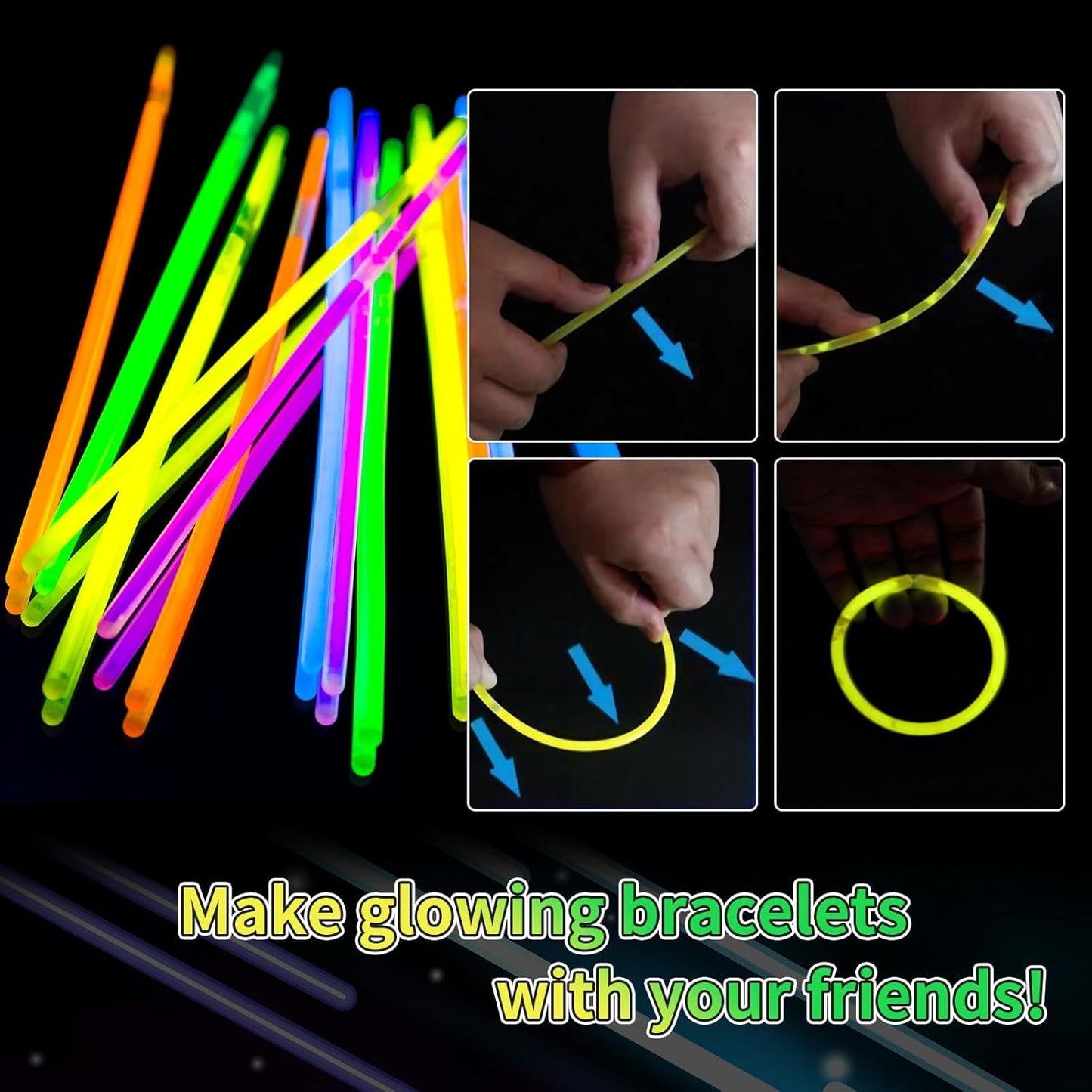 100 Pack 8” Blue Glow Sticks Bulk with 100 Connectors Neon Glow In The Dark Party favors Supplies for Holiday Birthday Party Decoration (Blue)