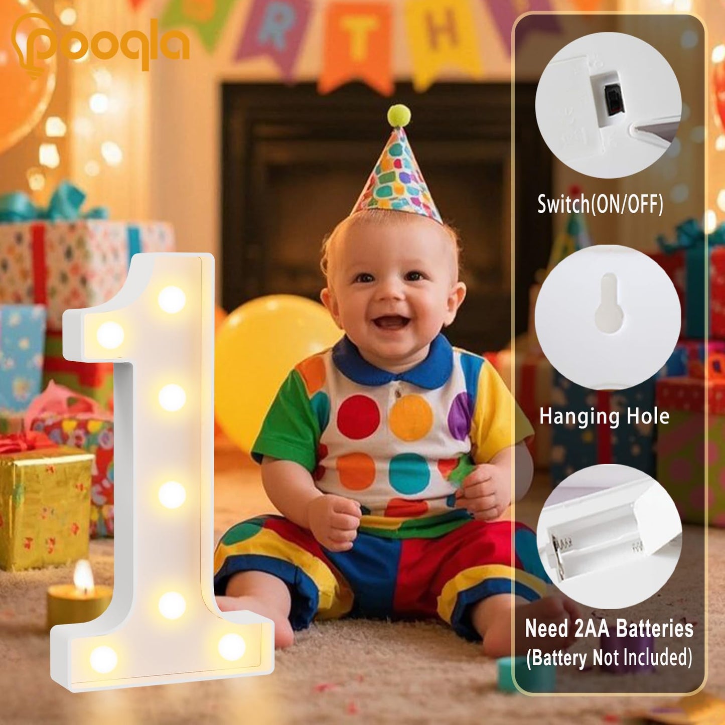 Pooqla 1st Birthday Decorations for Girls Boys, Large 12.6 in Tall Light Up Numbers for Party