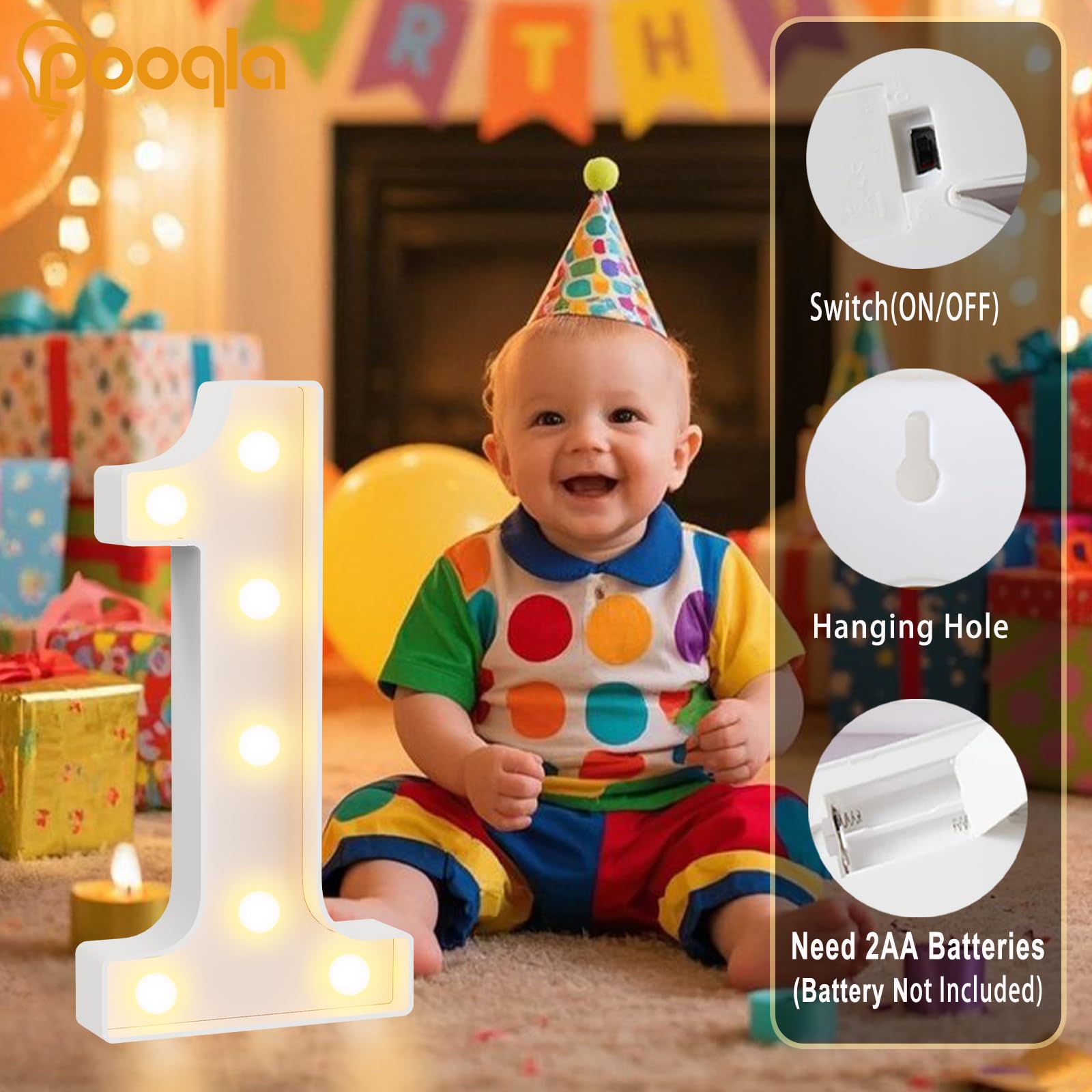 Pooqla 1st Birthday Decorations for Girls Boys, Large 12.6 in Tall Light Up Numbers for Party