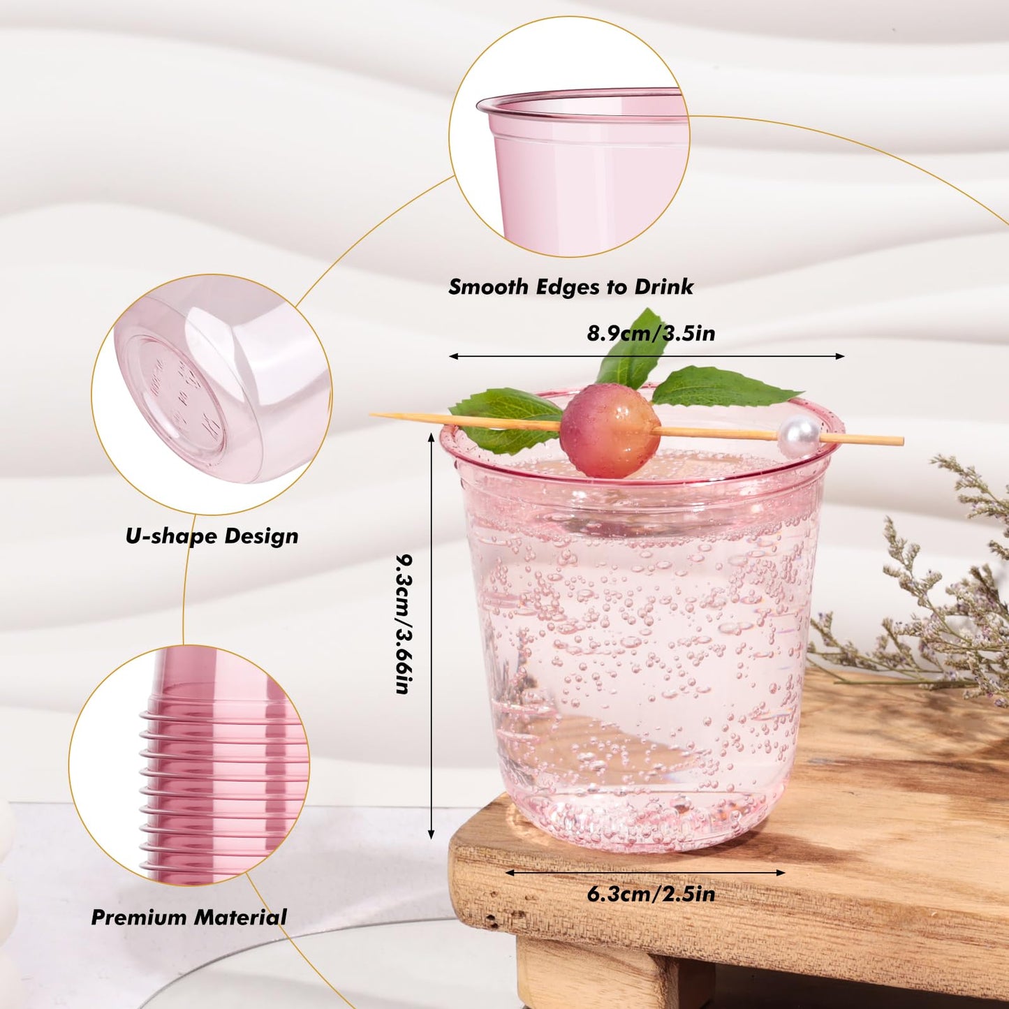 KesaPlan 50Pcs 12oz Pink Plastic Party Cups, Disposable Wine Cocktail Cups