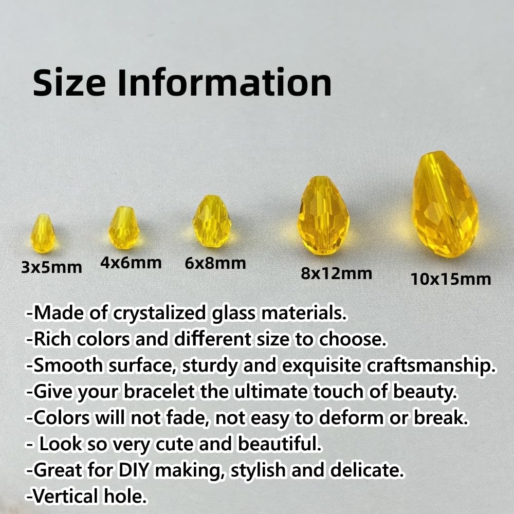 200pcs 3x5mm Teardrop Crystal Glass Beads for Jewelry Making, Faceted Vertical Hole Teardrop Glass Spacer Beads for Wind Chimes Bracelet Earring Necklace DIY Craft(Gold Yellow)