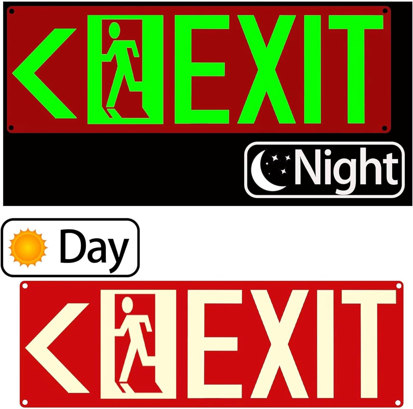 Photoluminescent Exit Signs, 14x5 inches, Red with Glow in Dark Feature, Self-Adhesive Aluminum, Left and Right Arrow Set