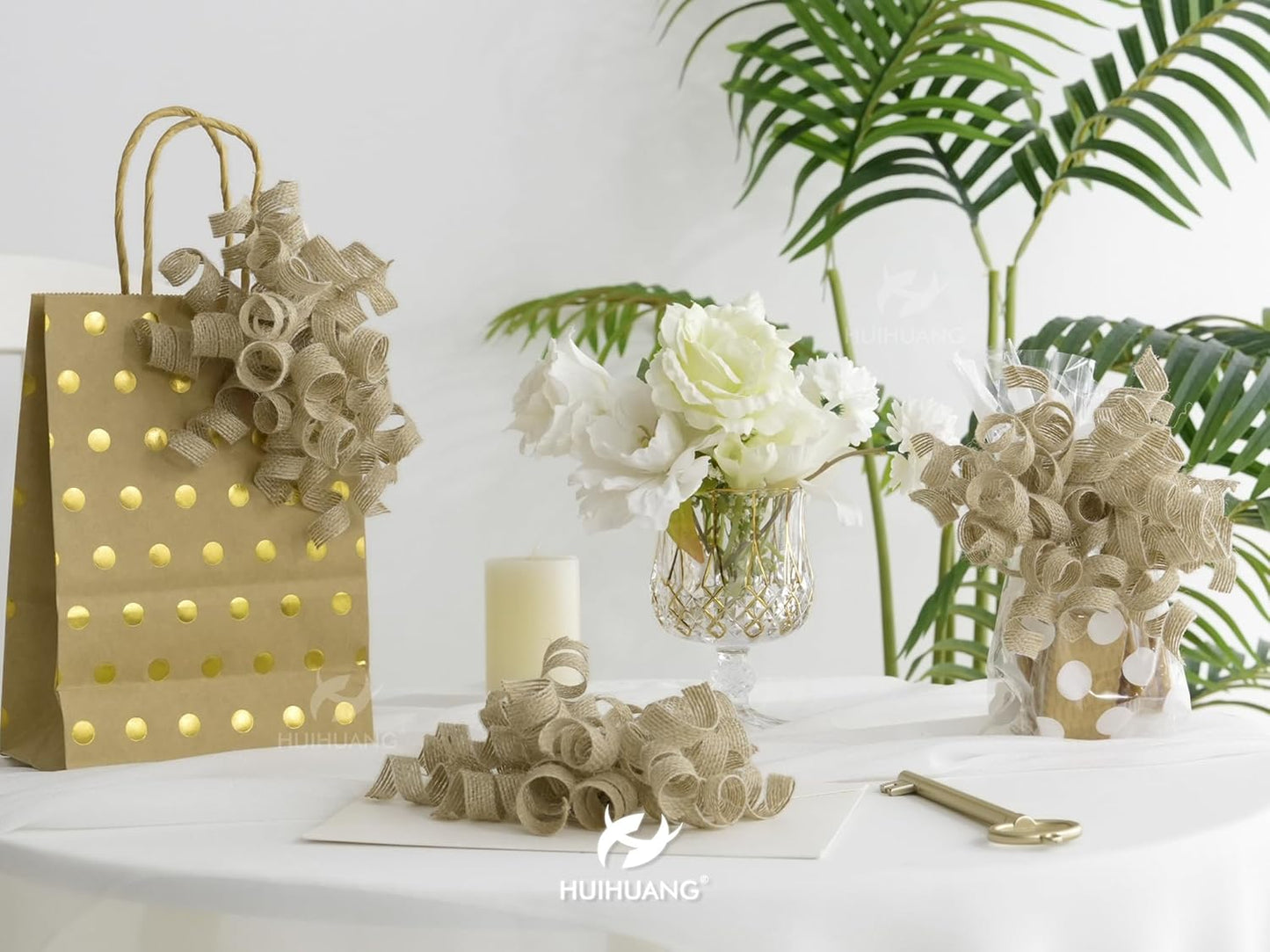 HUIHUANG Burlap Gift Bows Curly Bows for Gift Wrapping Self Adhesive Burst Gift Bow for Baby Shower, Wedding, Birthday Party Favors, Christmas Presents - 5 inch x 6 Counts