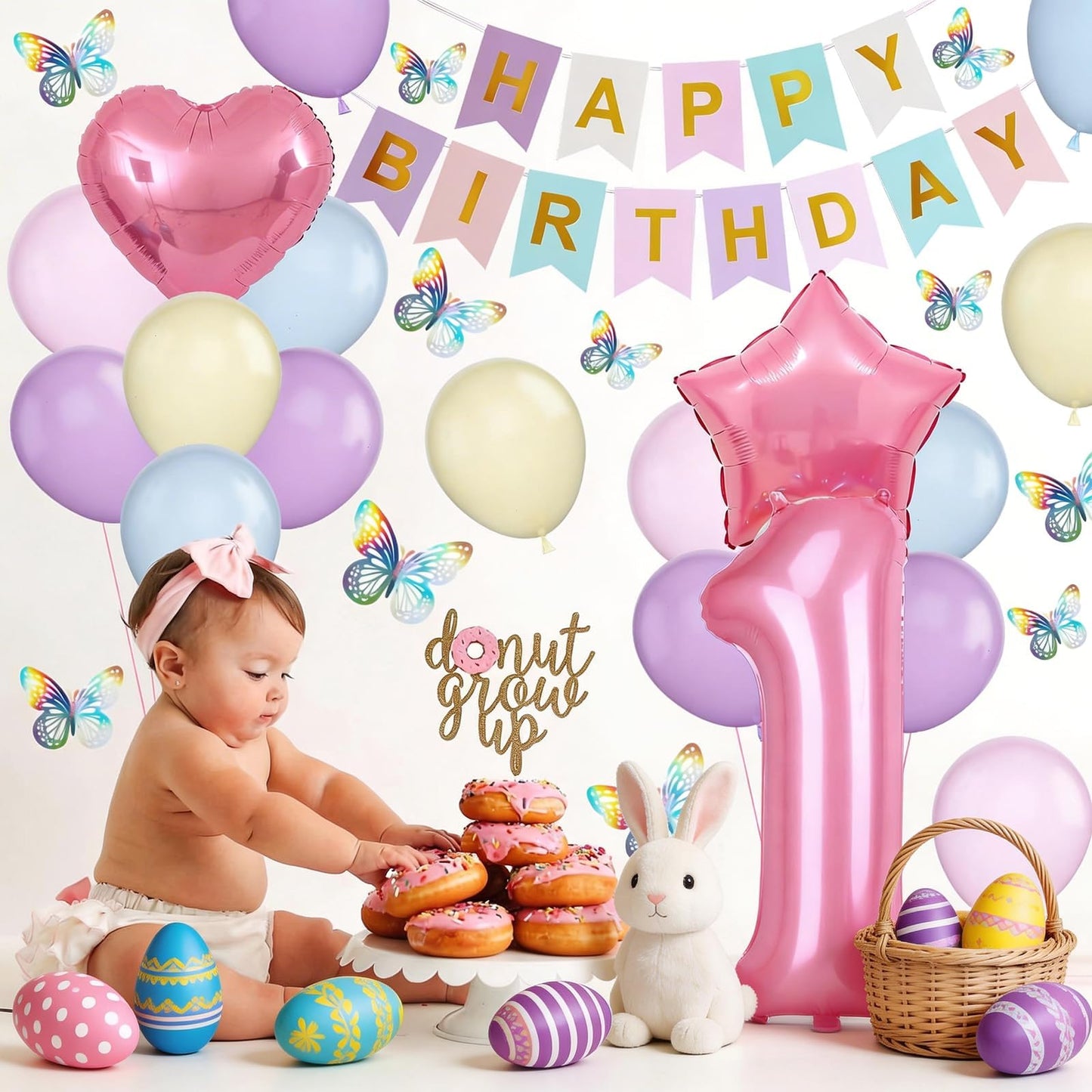 1st Birthday Decoration for Girls, Pastel Macaron 1st Birthday Balloon, Pink Number 1 Balloon with