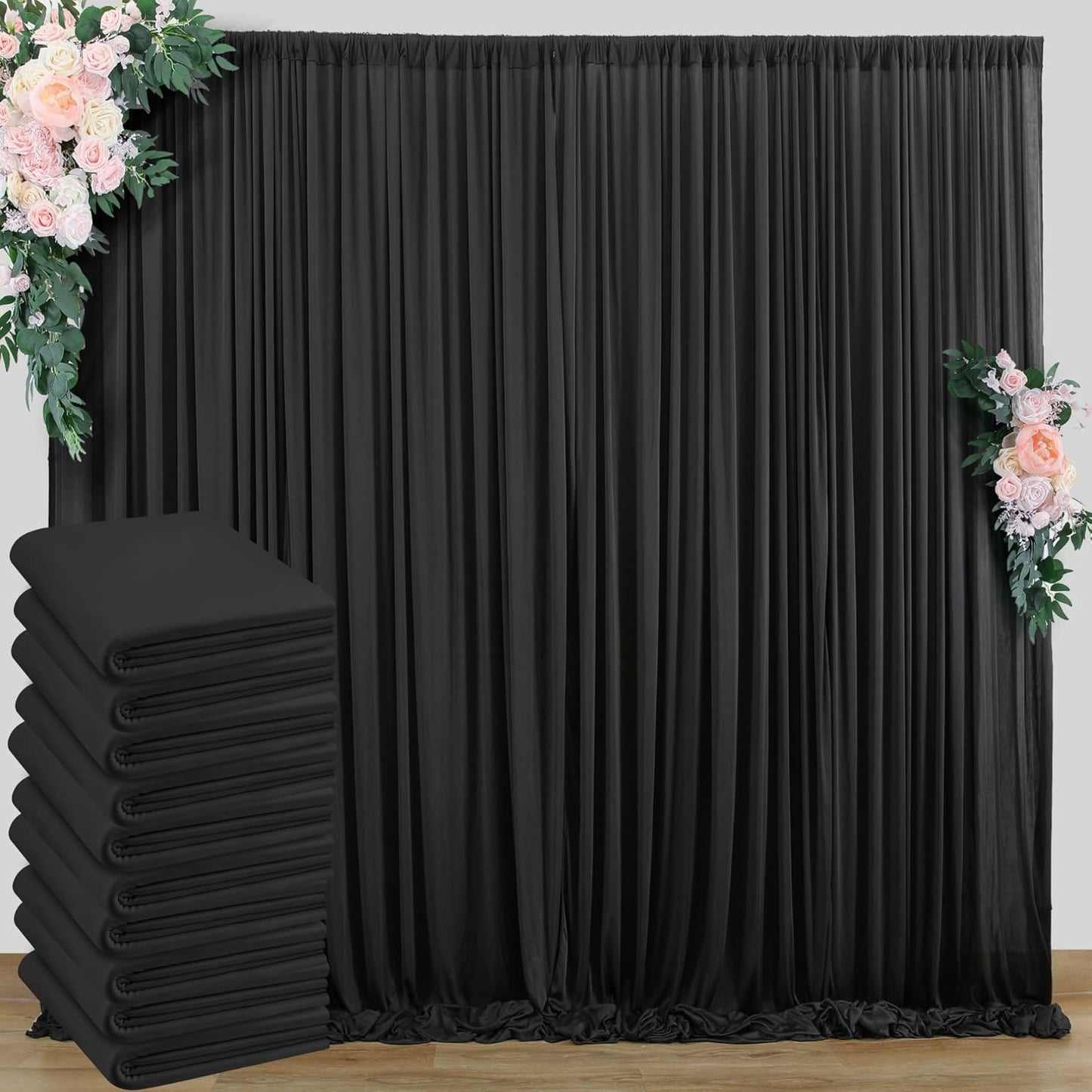 50 ft x 10 ft Wrinkle Free Black Backdrop Curtain for Parties, 10 Panels Polyester Black Photo Backdrop Drapes for Graduation Birthday Wedding Party Stage Curtains, Thick Bulk Background Curtains