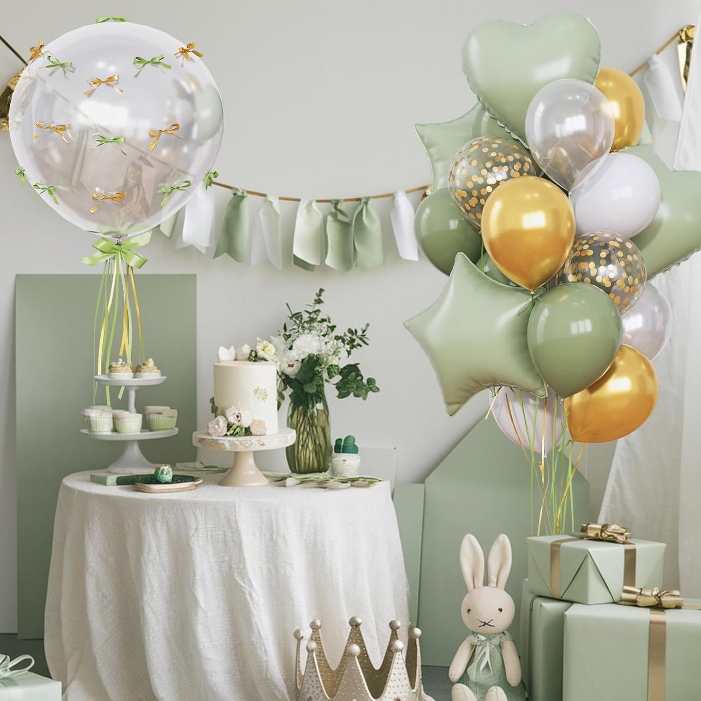 Sage Green and Gold Balloons Heart Star Balloon as Retro Olive Sage Green Baby Shower Decorations, Metallic Gold Confetti Balloons 18 inch Clear Foil Balloon as Anniversary Engagement Party Decor