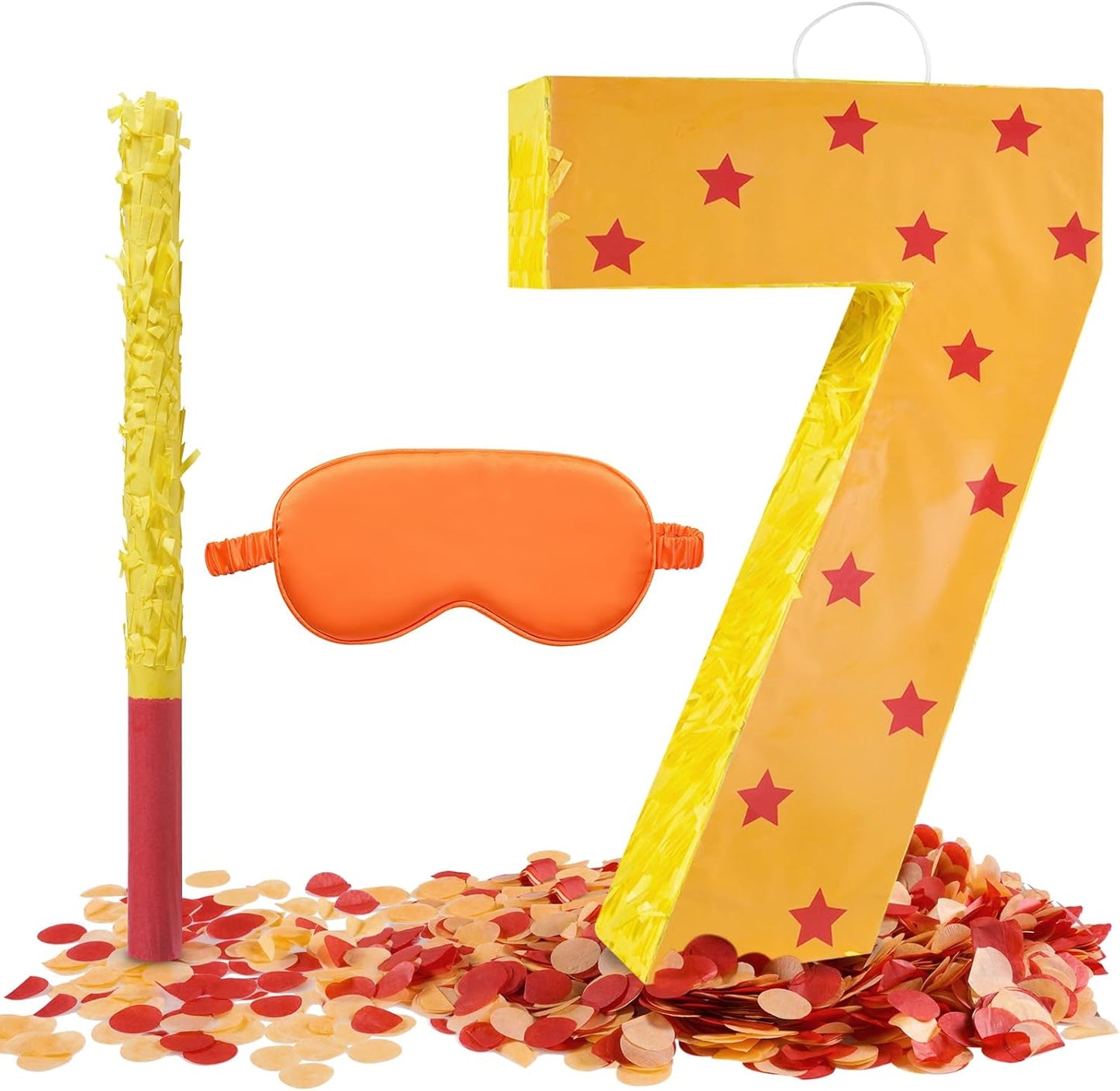 Orange and Red Star Number 7 Pinata, 16 Inch Piñata for 7th Birthday Party Decorations with Stick, Blindfold and Confetti (15.7 inch Number 7 Pinata)