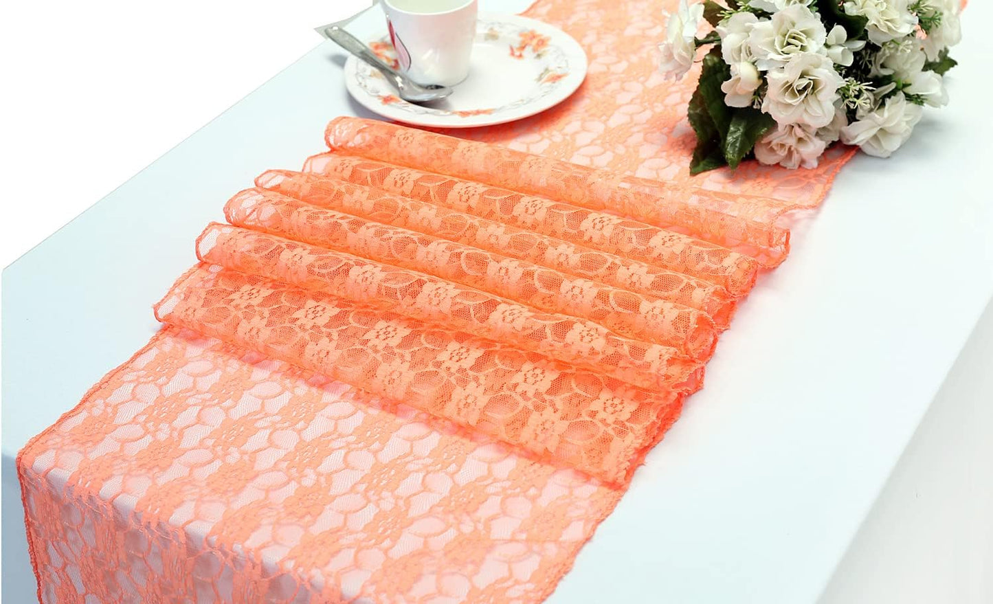 MDS Pack of 10 Wedding 12 x 108 inches Lace Table Runner for Wedding, Decorations for Birthday Parties, Banquets, Graduations, Engagements, and Runners fit Rectangle, Round Table- Peach