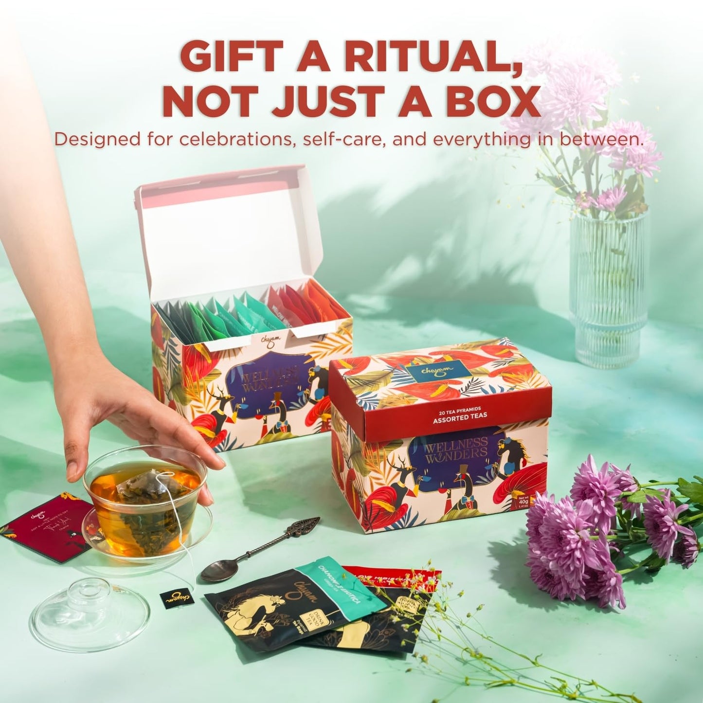 CHAYAM Assorted Tea Bags Variety Pack | 20 Pyramid Tea Bags - 5 Flavours x 4 each | Tea Bag Sampler Assortment | Green Tea, Herbal Tea Gift Box