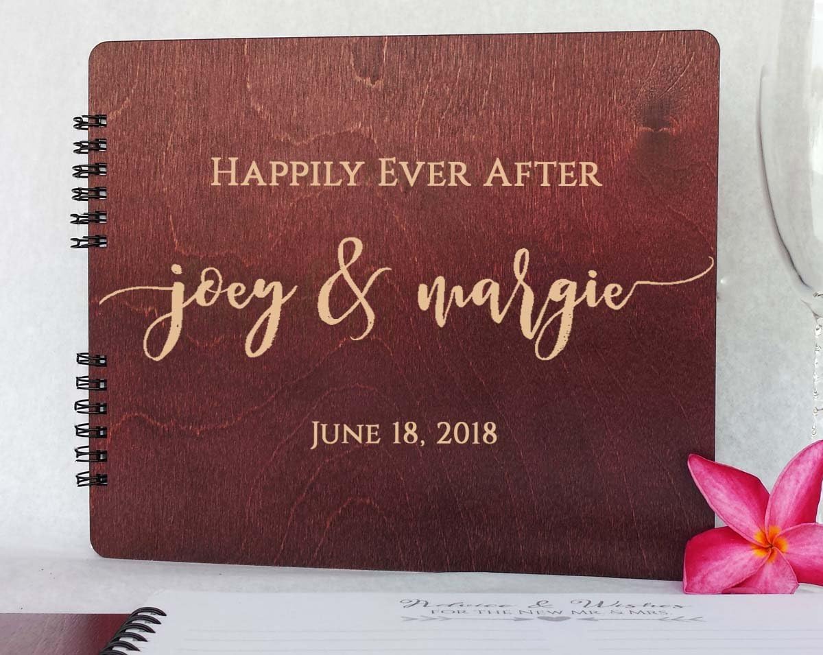 Wooden Wedding Guest Book Personalized (11"x8.5", Mahogany Stain) Wood for Bride and Groom Vintage Alternative Anniversary Bridal Party Guest Album Photo Booth Guestbook Made in USA