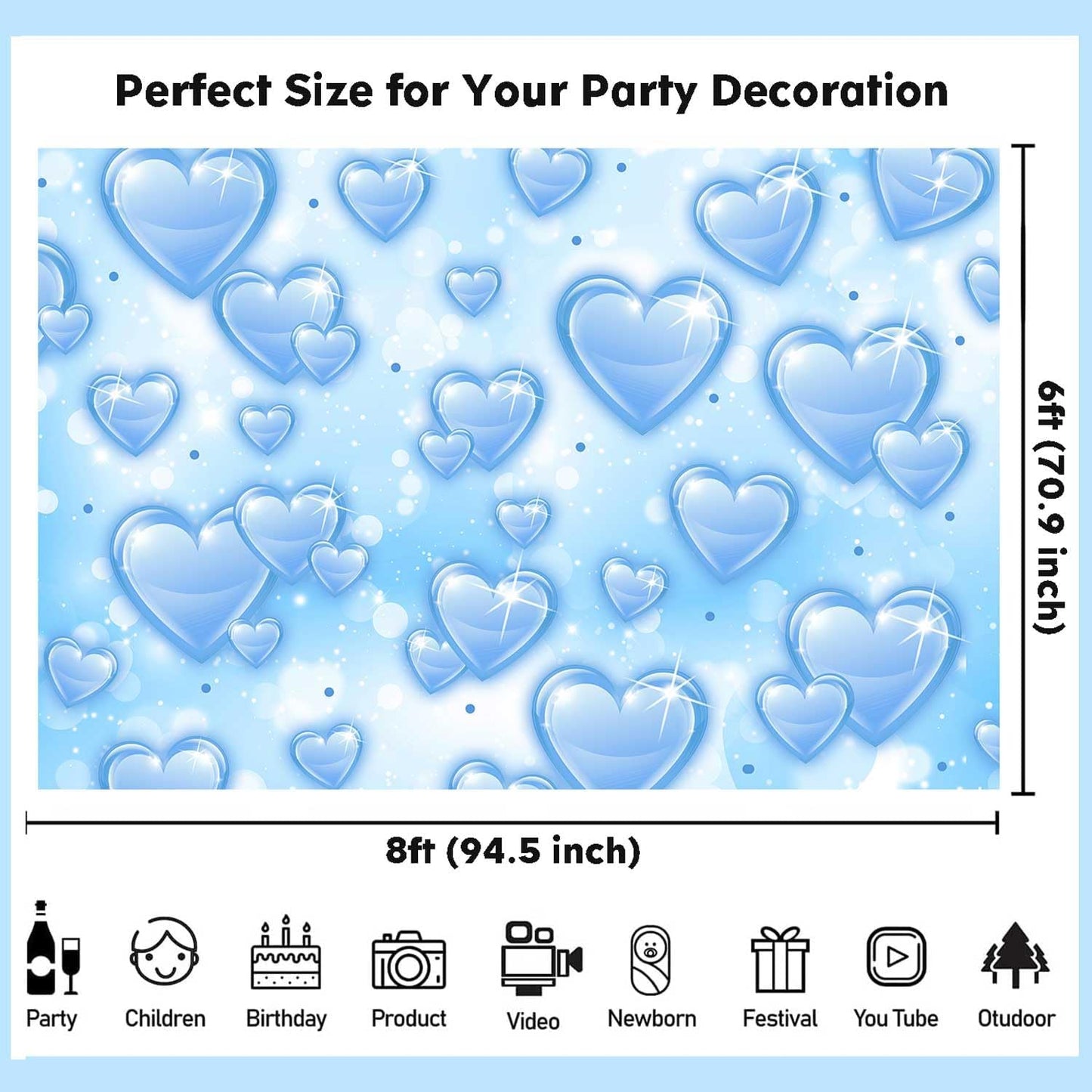 Sensfun 8x6ft Light Blue Heart Backdrop Early 2000s Party Decorations Old School Backdrops Valentines Day 90s Hearts Y2K Birthday Party Banner Newborn Photography Background Selfile Photo Booth Props
