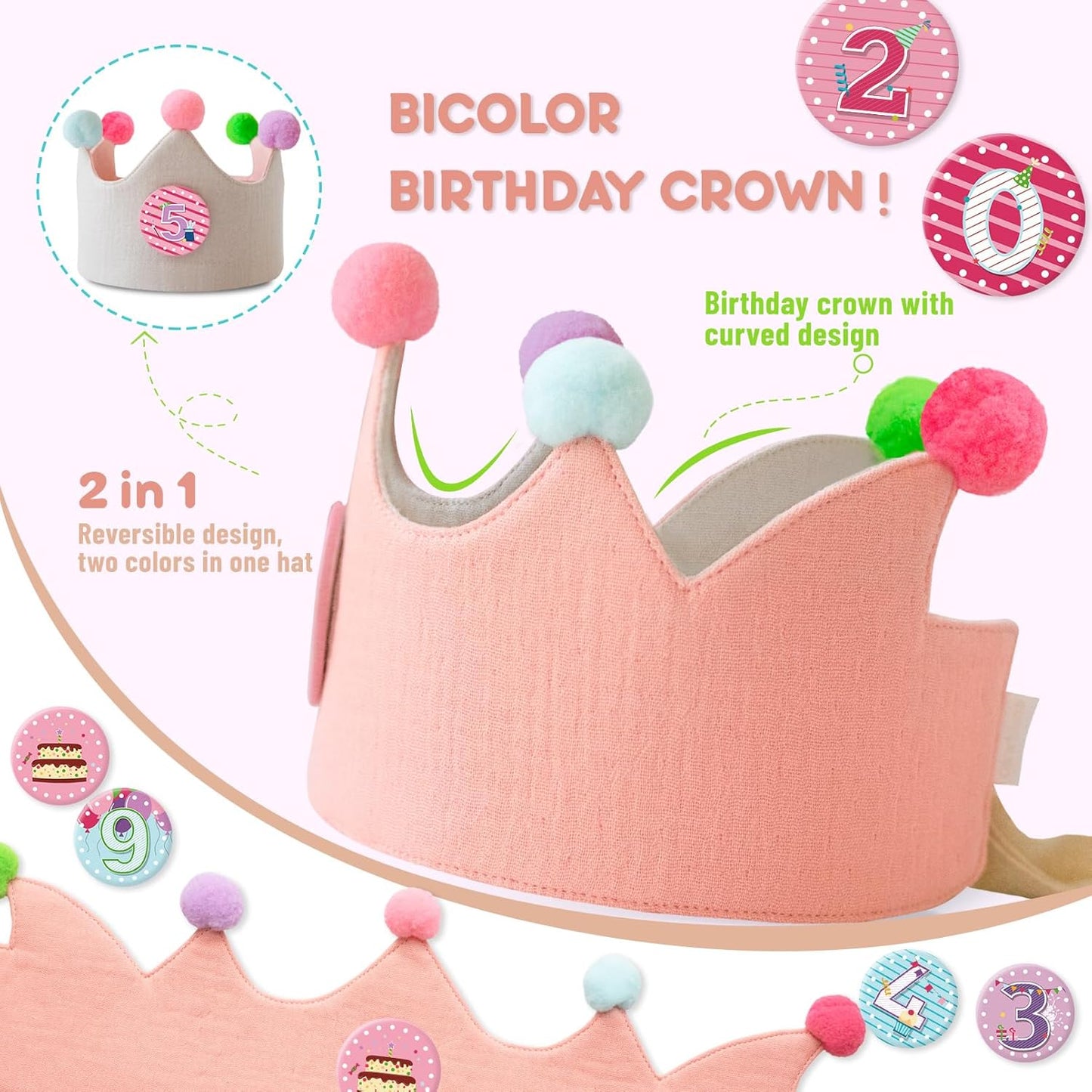 Reusable Birthday Crown with Numbers,Kids Birthday Hat Fabric Crown Pertain Kids Boy Toddler Girl Baby Bday Hats