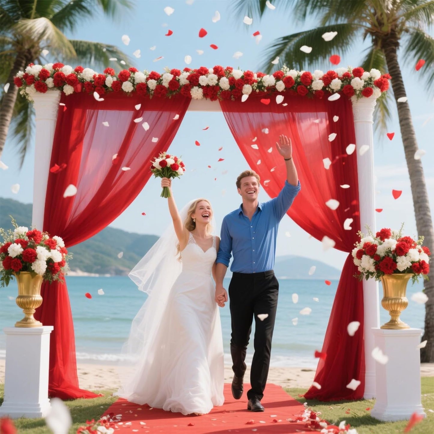 VOK Red Wedding Arch Draping Fabric 29in x 18Ft 4 Panels Sheer Chiffon Curtain Drapes Extra Long for Outdoor Wedding Ceremony Birthday Party Decoration