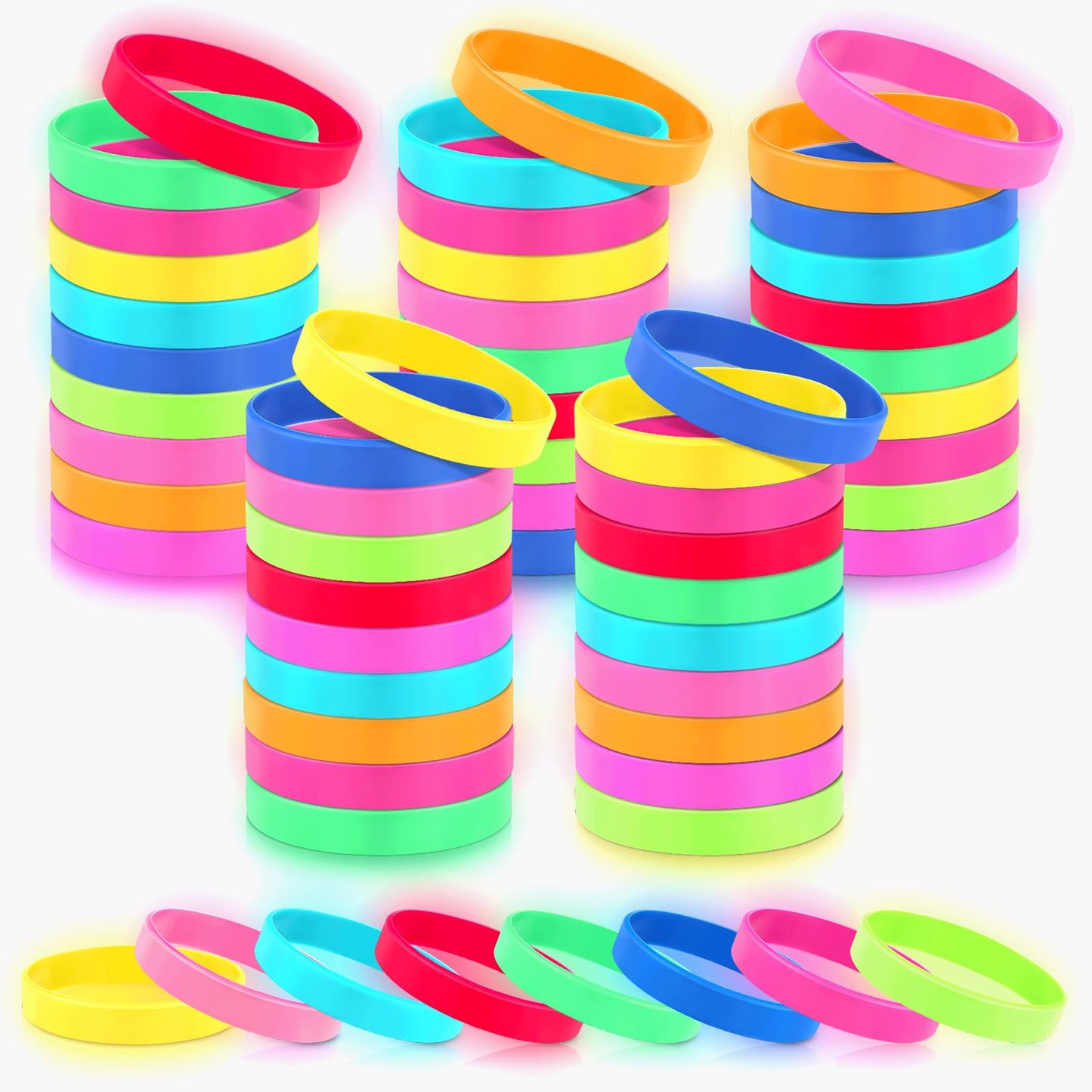 Shappy 50 Pcs Glow in the Dark Rubber Bracelets Neon Silicone Bracelets Bulk Luminous Colored
