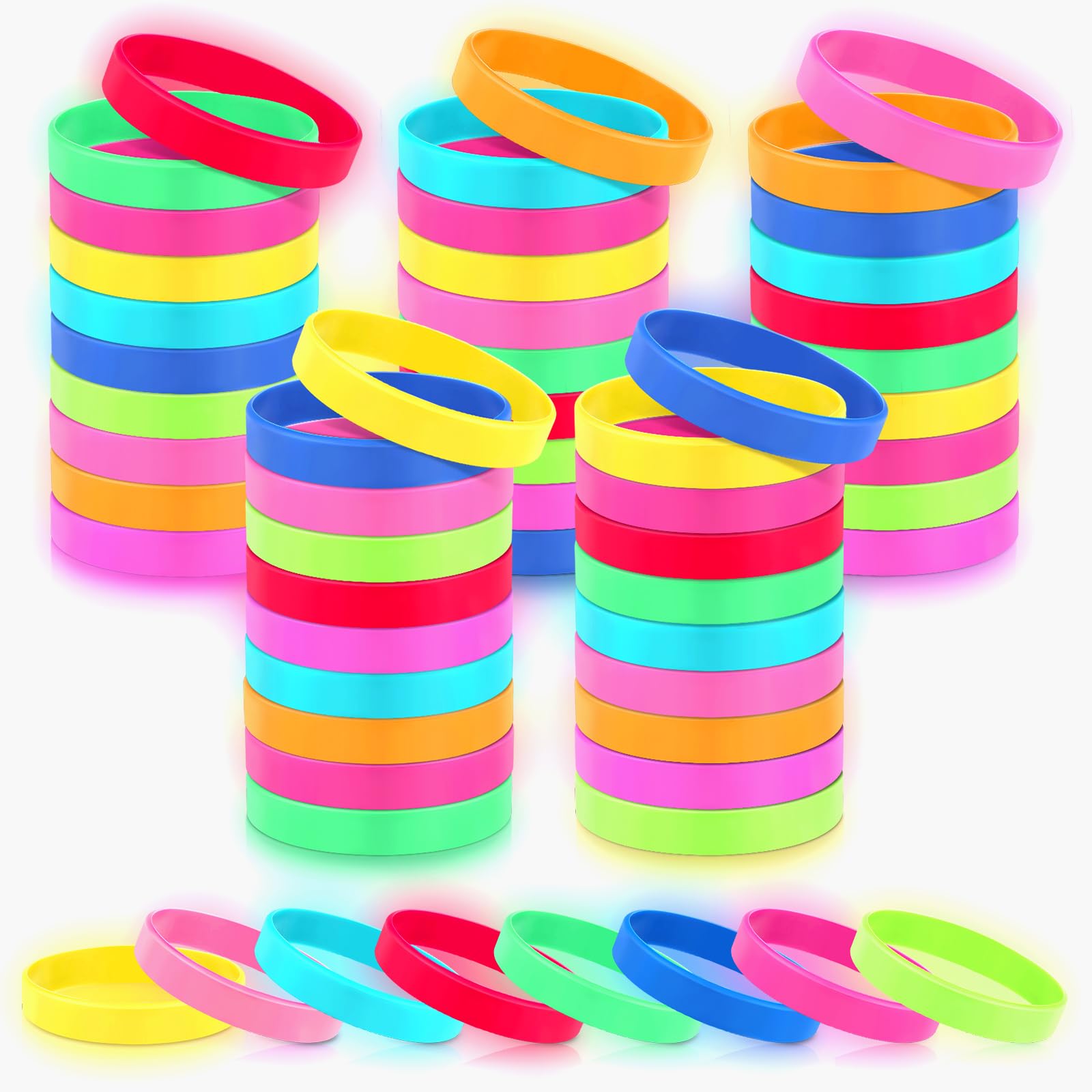 Shappy 50 Pcs Glow in the Dark Rubber Bracelets Neon Silicone Bracelets Bulk Luminous Colored