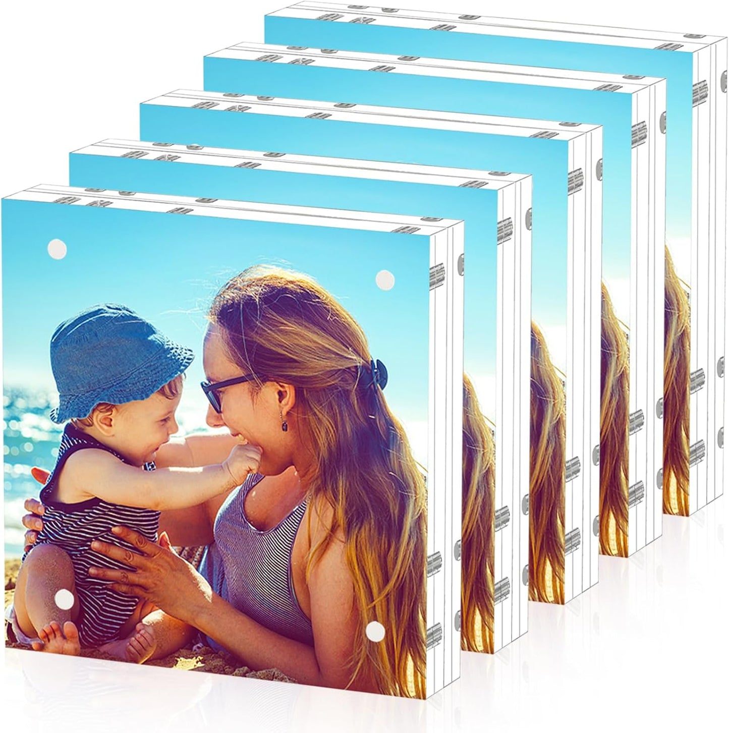 HELPLEX 5 Pack 5x5 Acrylic Picture Frames, 20mm Thicker Frameless Clear Frame Double Sided Magnetic Frame, Free Standing Desktop Display Stand Acrylic Frames