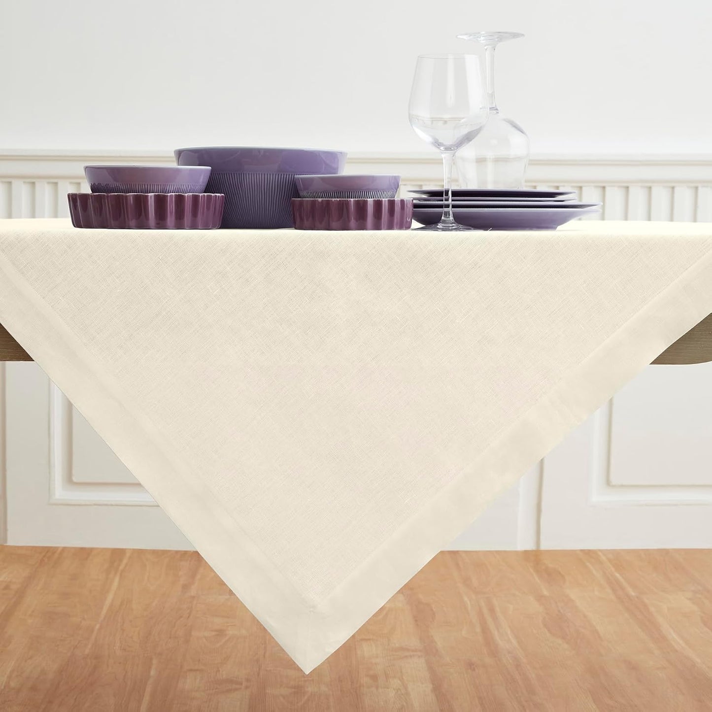 Solino Home Linen Ivory Tablecloth 52 x 52 Inch - 100% Pure Linen Square Table Throw - Fete, Machine Washable Table Cloth for Fall, Autumn, Thanksgiving, Christmas, Holiday