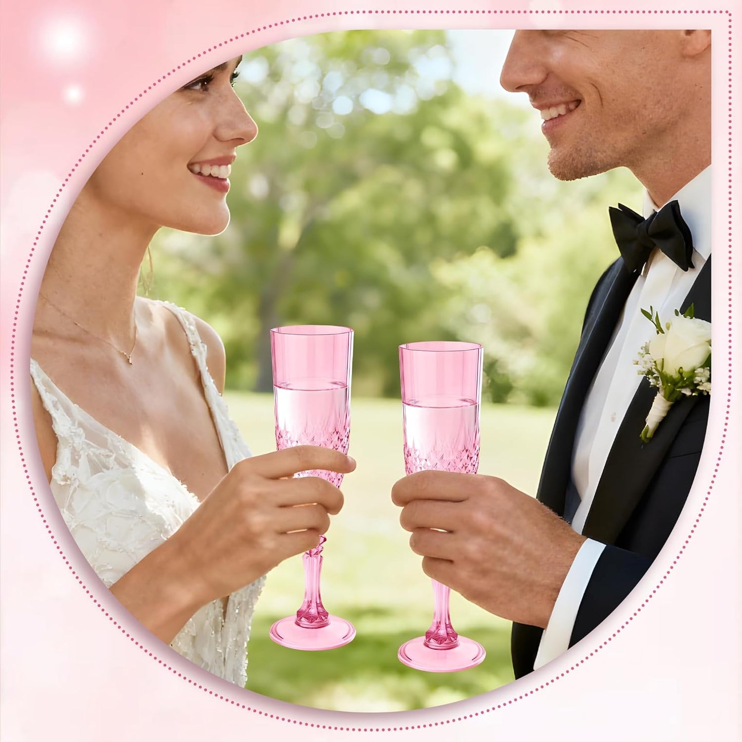 Plastic Champagne Flutes, 24PCS Pink Wine Glasses Goblets Cups Reusable Flute, for Weddings Bachelor Parties Toasting and Events (24, Pink)