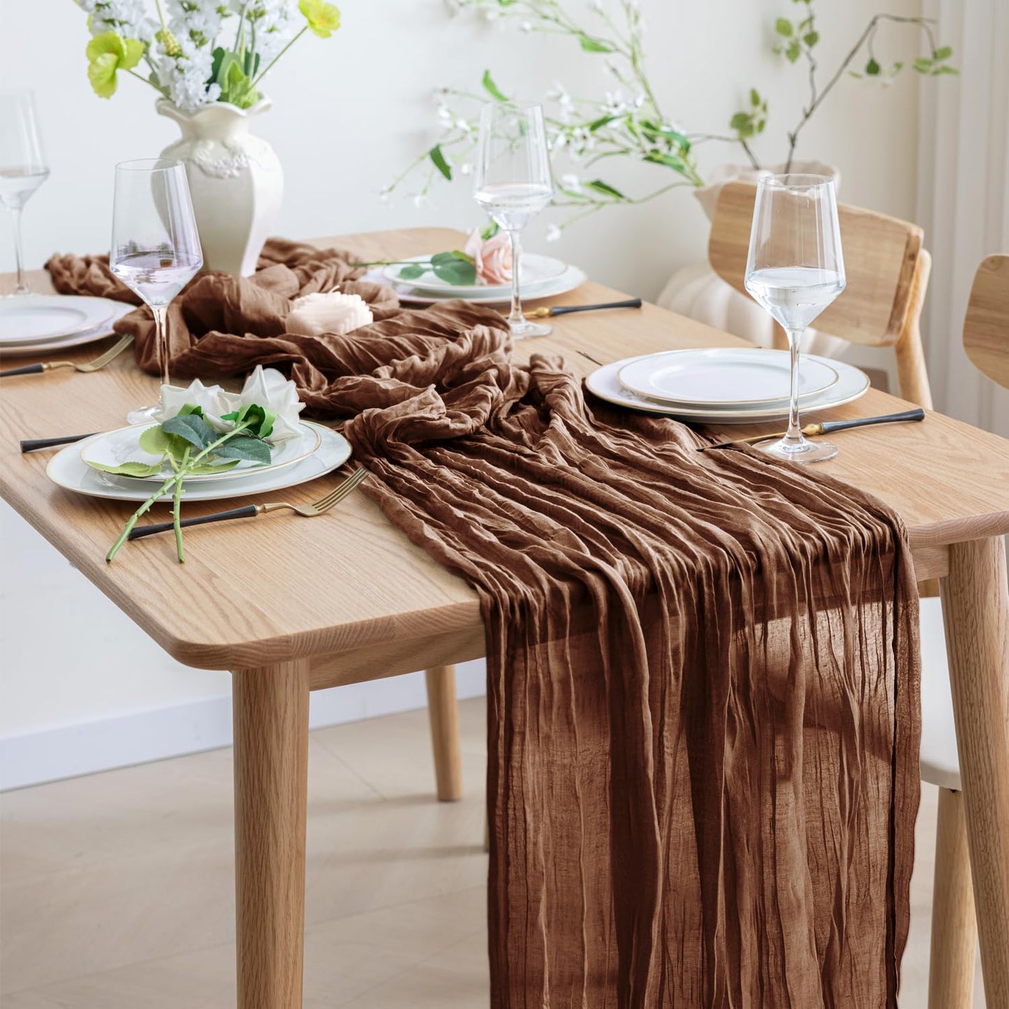 Asee'm 3pcs Cheesecloth Table Runner 120 Inches Long Brown Boho Gauze Cheese Cloth Runner 10FT Rustic Sheer Fall Table Runners for Thanksgiving Christmas Wedding Party Baby Shower Decoration
