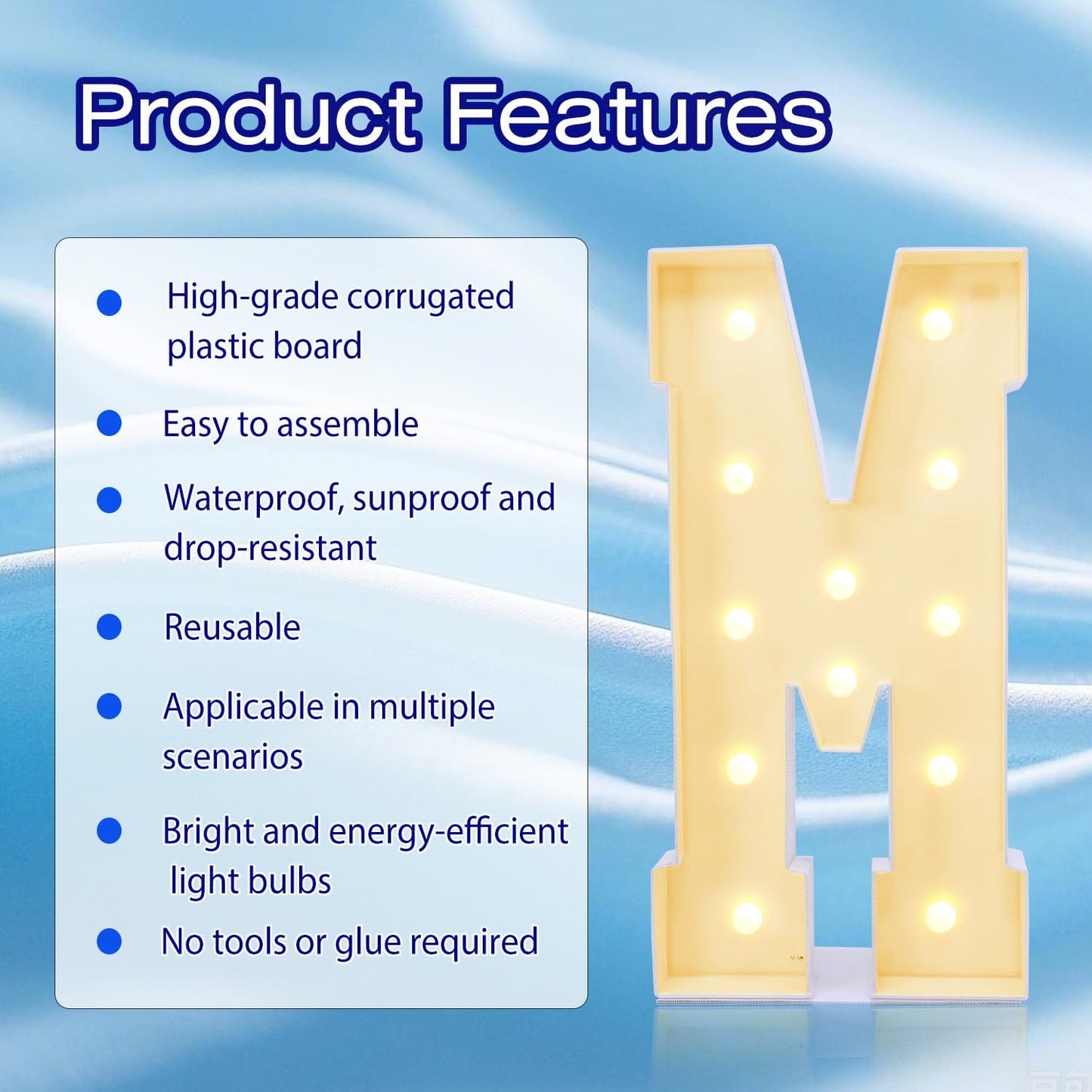 4FT Marquee Plastic Letters M - Light up Letters M Are Made from Corrugated Plastic Board - Quick Assembly Without Tools, Disassembled Components Can Be Used for Garage Sale Signs, Yard Sale Signs