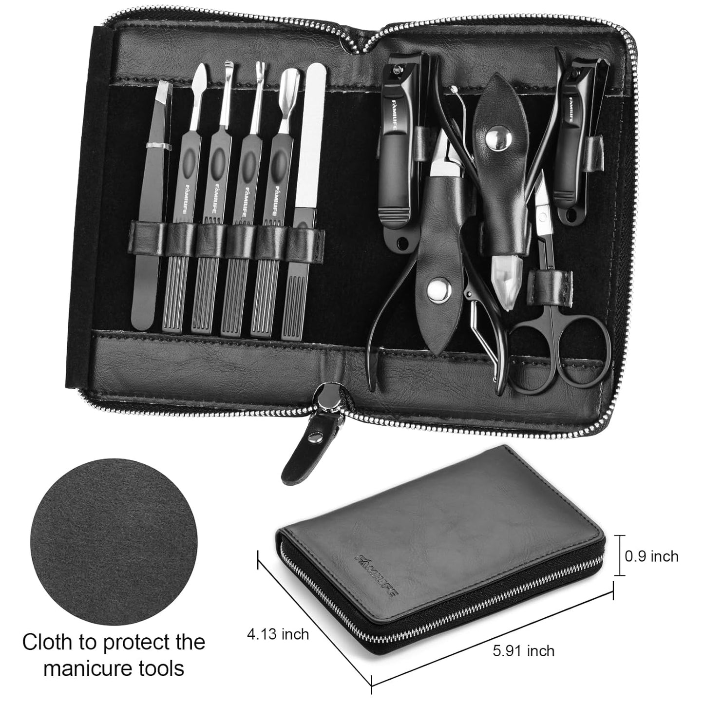 FAMILIFE Professional Manicure Set, Manicure Kit, Nail Clippers Set, 11 in 1 Stainless Steel Black Pedicure Tool, Nail Kit with Portable Leather Travel Case Luxury Gifts