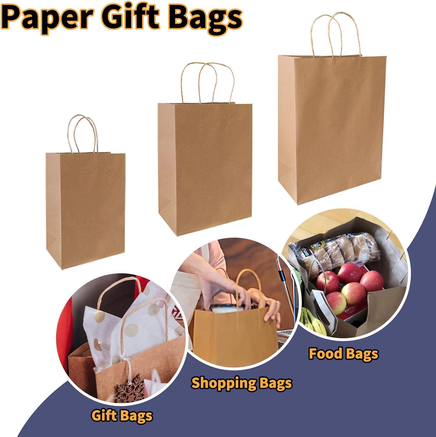 FACEBAG 90-Pack Brown Kraft Paper Bags with Handles Bulk, Assorted Sizes Gift