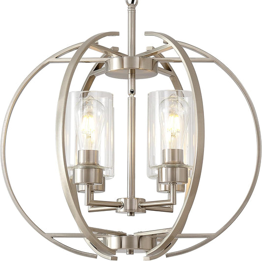 Large Lantern Globe Brushed Nickel Chandelier Lighting, Adjustable Hanging Ceiling Pendant 4 Light for Kitchen, Dining Room, Living Room, Hallway, Bedroom
