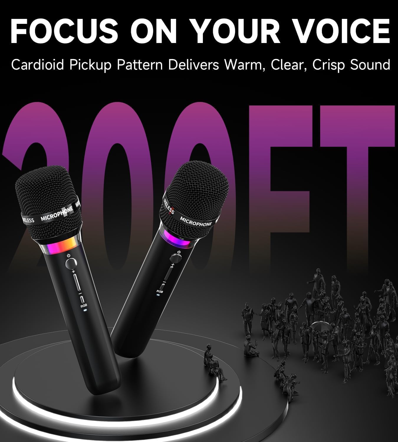 Wireless Microphone, Rechargeable Wireless Microphones with One-to-One Chip Connection and LED Lights, 40H Duration, 200FT Range Receiving, Less Latency Karaoke Microphone for Singing, Speech, Party