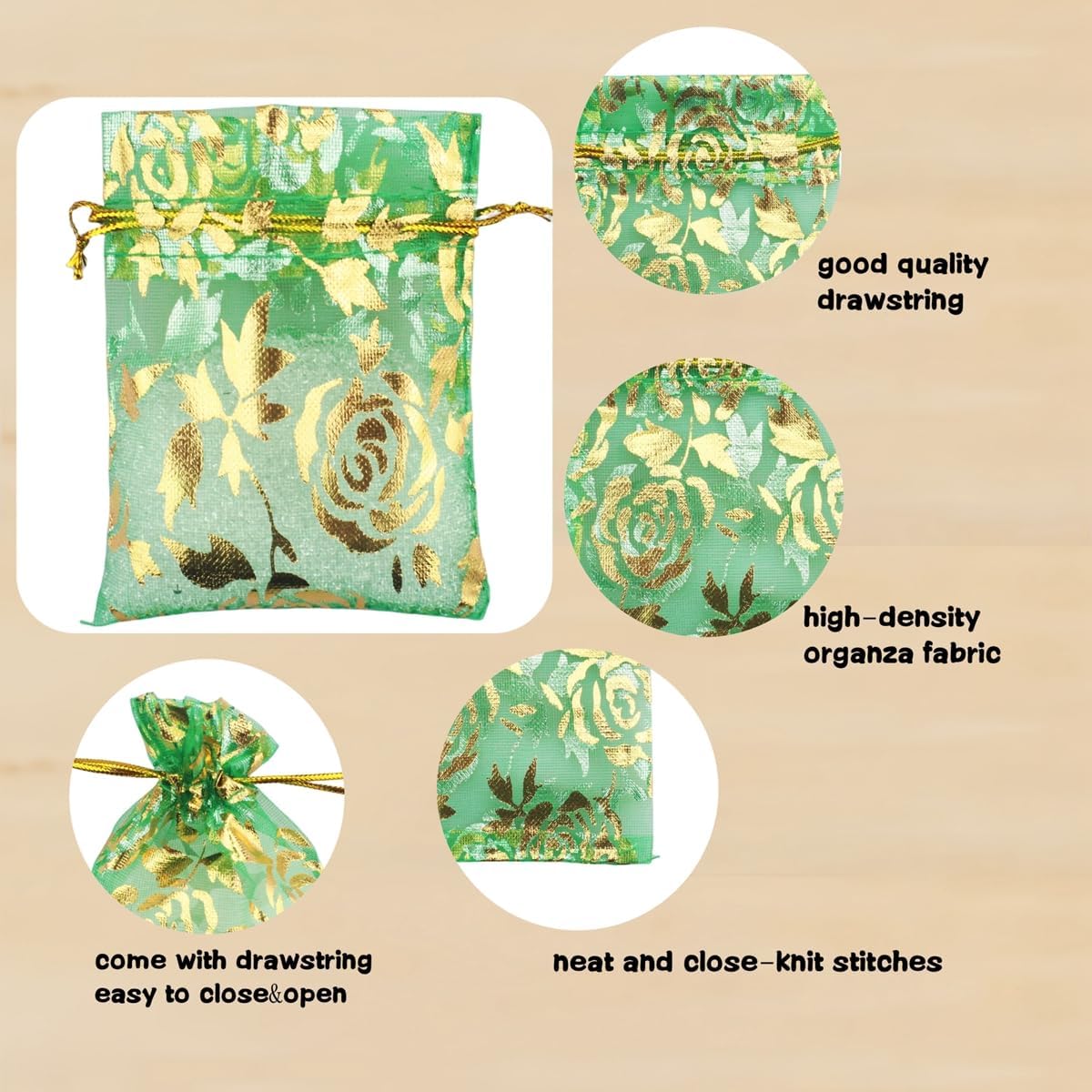 QIANHAILIZZ 100 Pack 2.8 x 3.5 Inch Flower Heart Organza Jewelry Gift Pouch Candy Pouch Drawstring Wedding Favor Bags B511S (green gold flower)