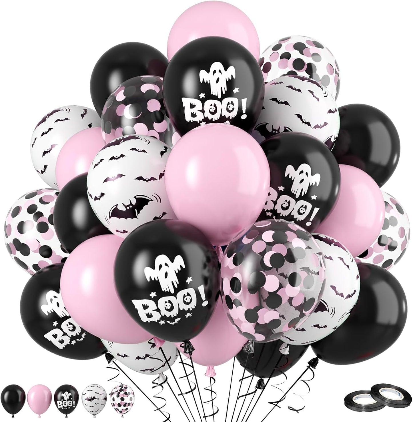 FunHot Halloween Party Balloons, 60Pcs Pink Black Halloween Balloon, 12 Inch Black Pink Confetti Balloons Bat Ghost BOO Printed Pattern Balloon with Ribbons for Kids Birthday Halloweens Decoration