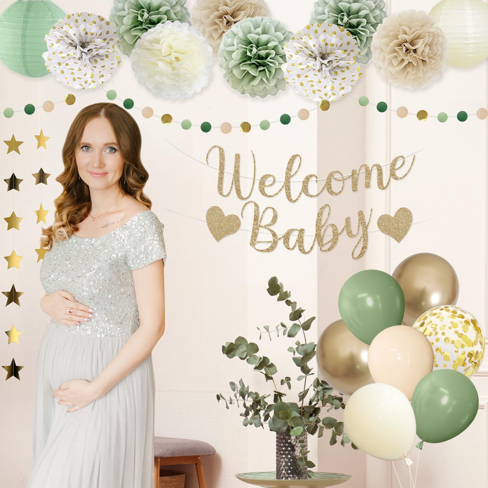 Amandir Sage Green Baby Shower Decorations Welcome Baby Banner
